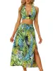 Tropical Tie Backless Halter V Neck Crop Top Split Thigh Skirt Set sold by Allegra K