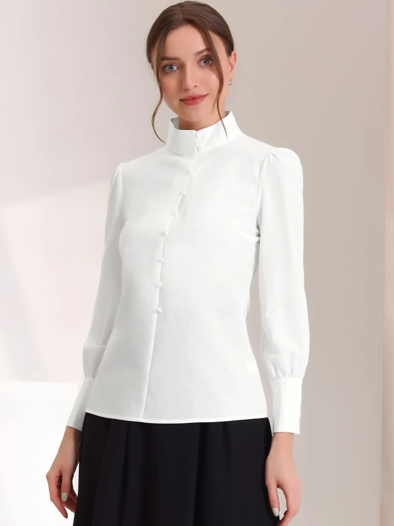 Elegant Work Mock Neck Long Sleeve Button Front Business Shirt sold by Allegra K product image thumbnail 4