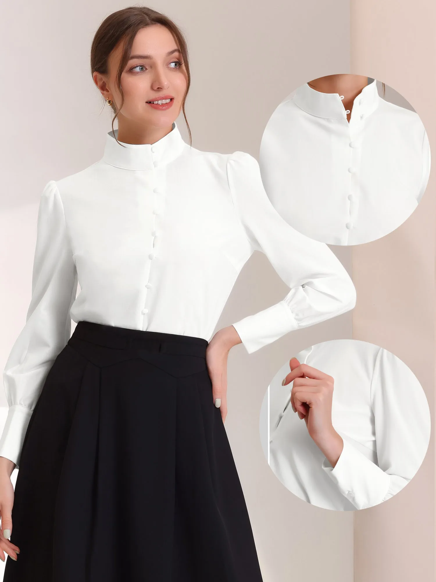 Elegant Work Mock Neck Long Sleeve Button Front Business Shirt sold by Allegra K product image thumbnail 2