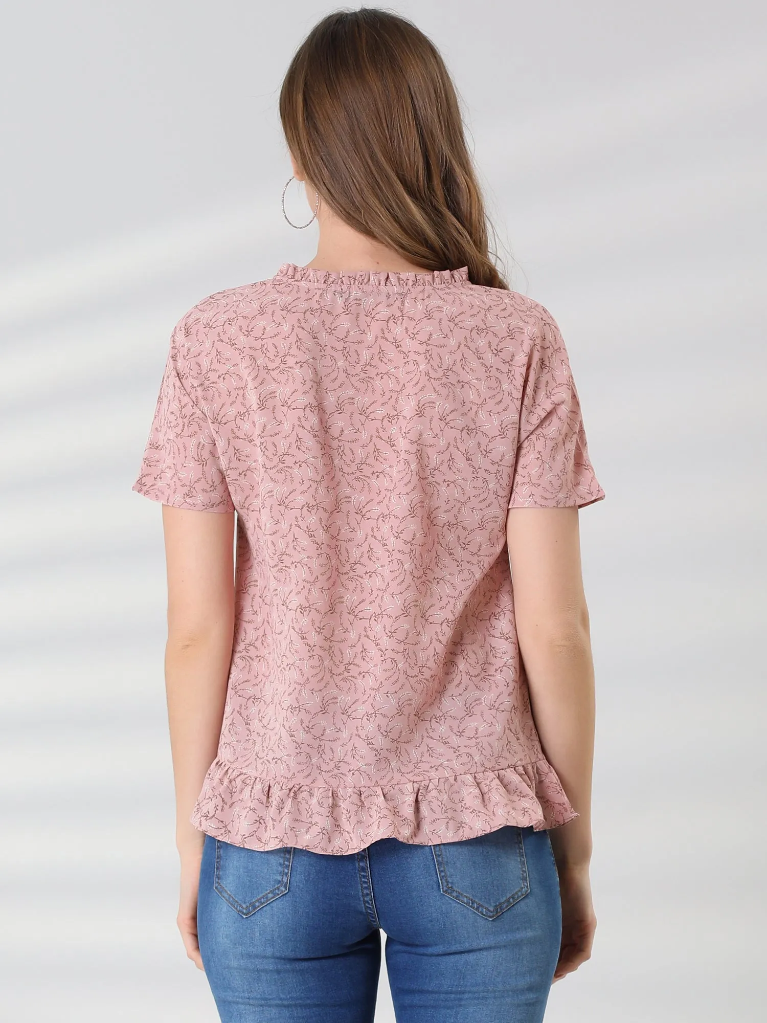 Casual V Neck Top Short Sleeve Vintage Floral Ruffle Hem Blouse sold by Allegra K product image thumbnail 5