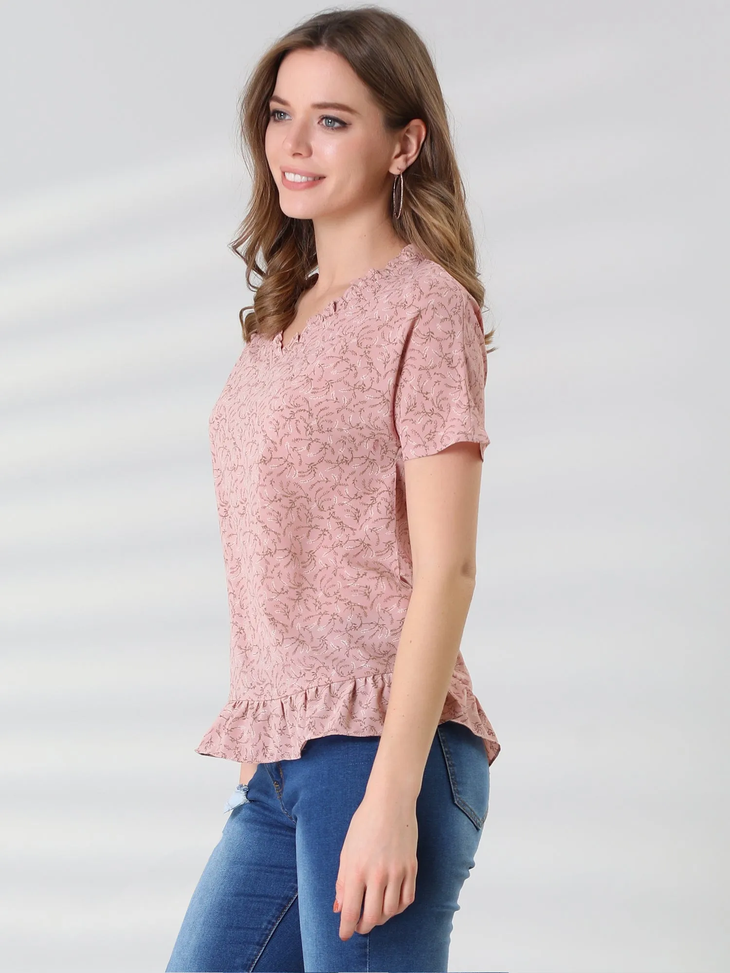 Casual V Neck Top Short Sleeve Vintage Floral Ruffle Hem Blouse sold by Allegra K product image thumbnail 4