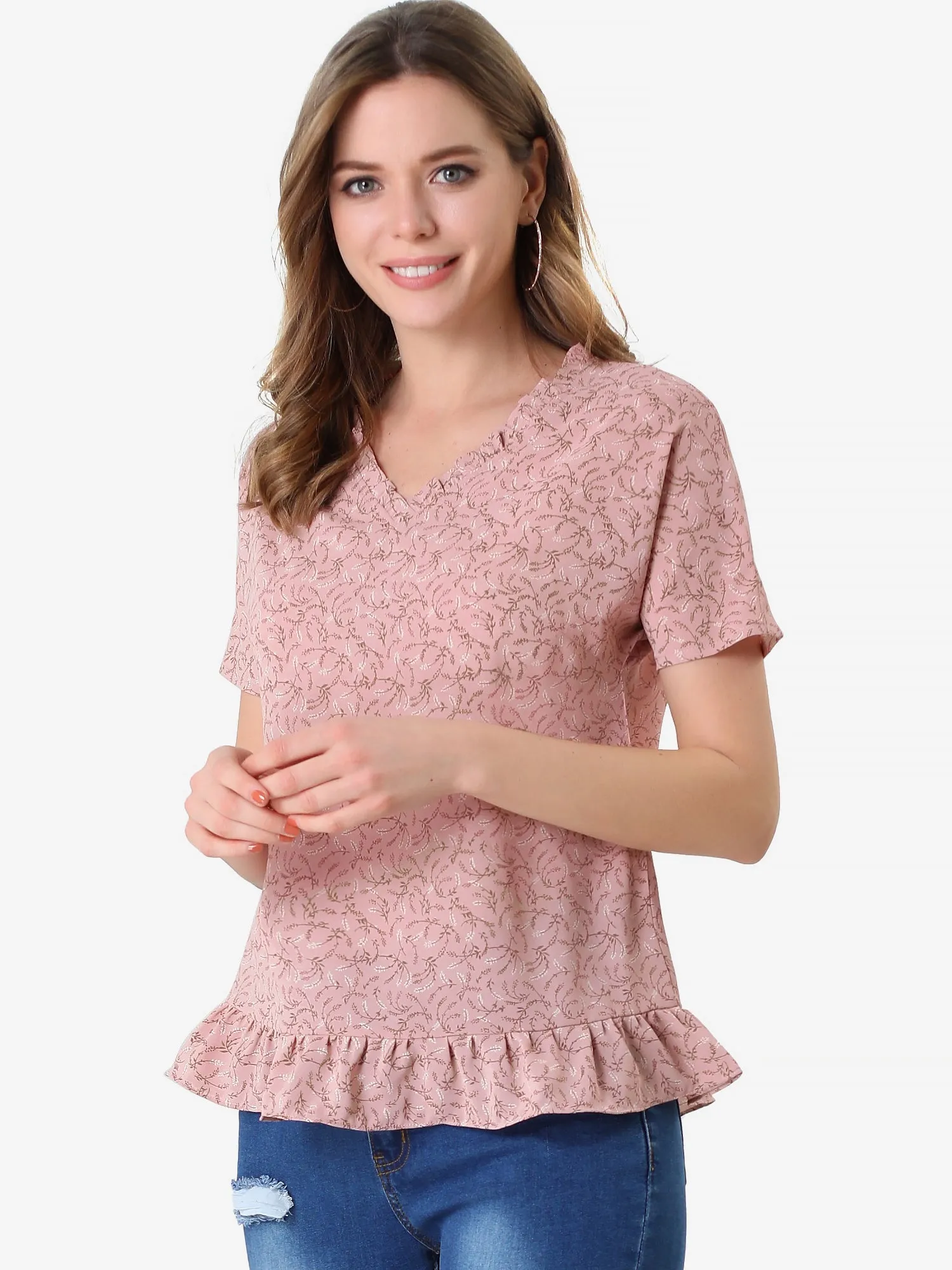 Casual V Neck Top Short Sleeve Vintage Floral Ruffle Hem Blouse sold by Allegra K