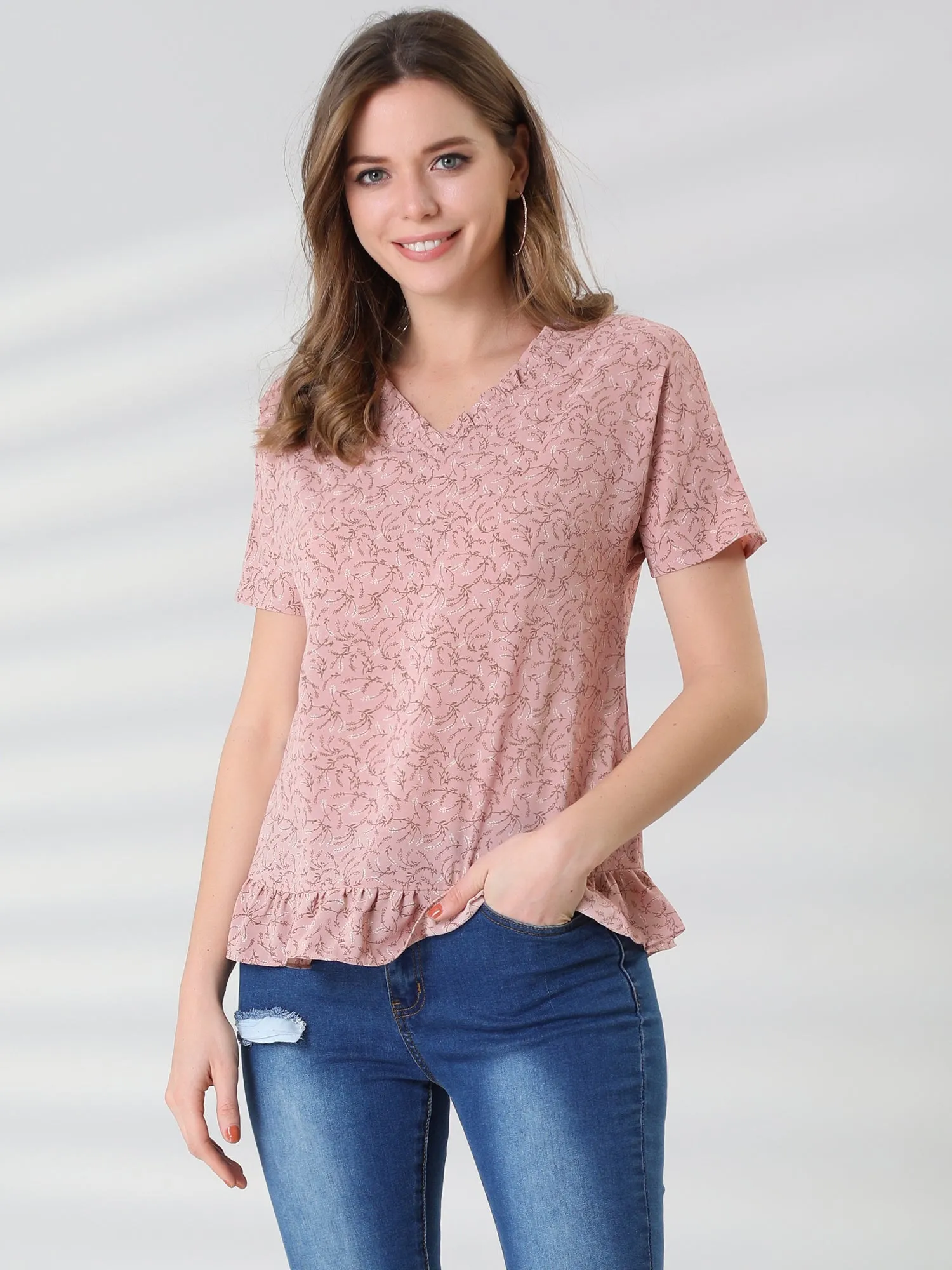 Casual V Neck Top Short Sleeve Vintage Floral Ruffle Hem Blouse sold by Allegra K product image thumbnail 3