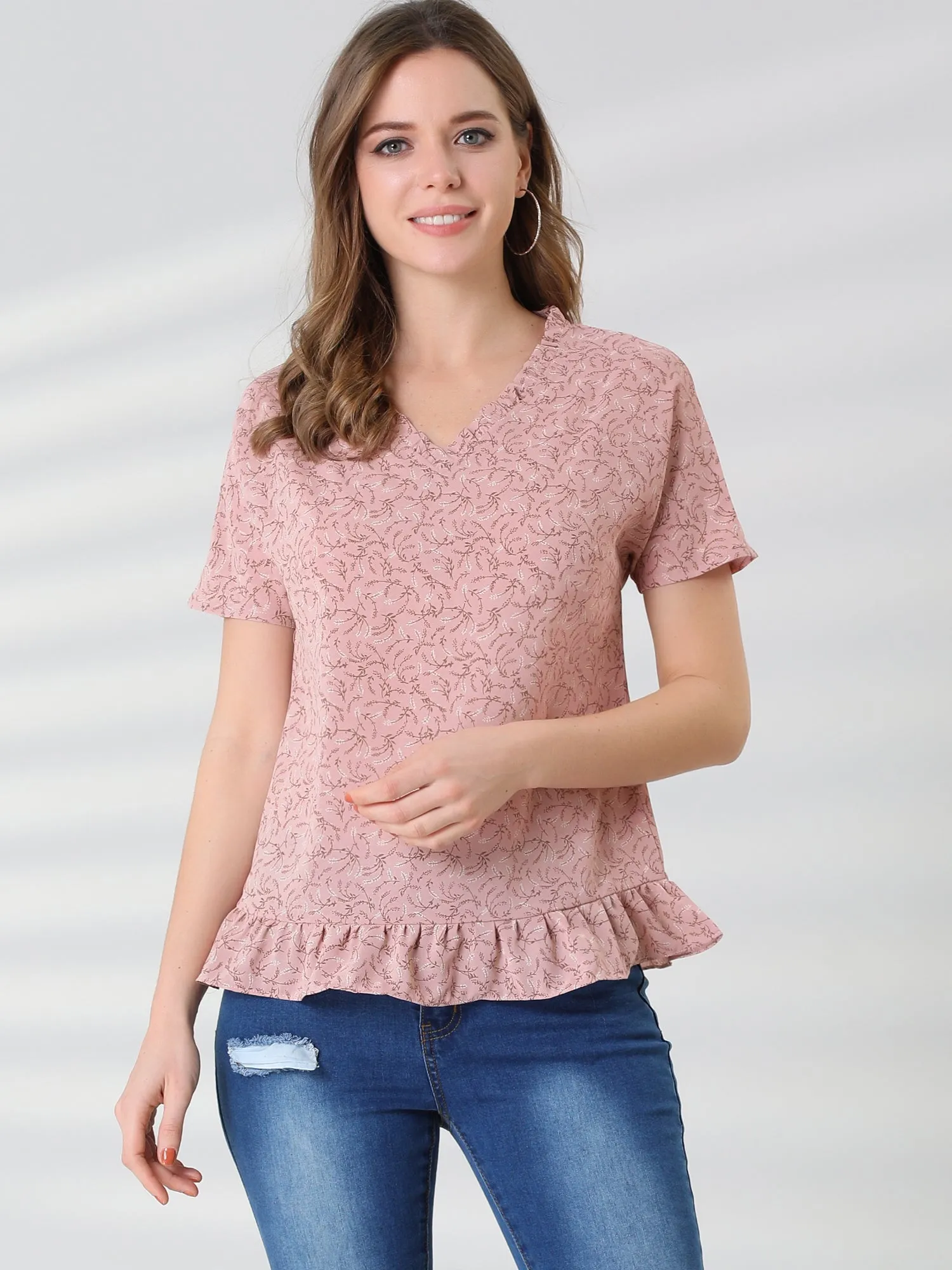 Casual V Neck Top Short Sleeve Vintage Floral Ruffle Hem Blouse sold by Allegra K product image thumbnail 2