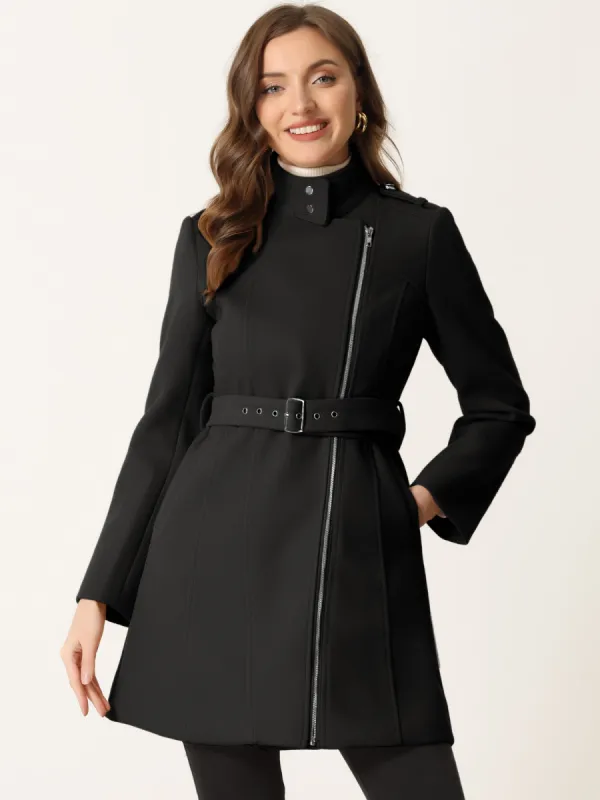 Classic Stand Collar Zip Up Belt Winter Trench Coat sold by Allegra K