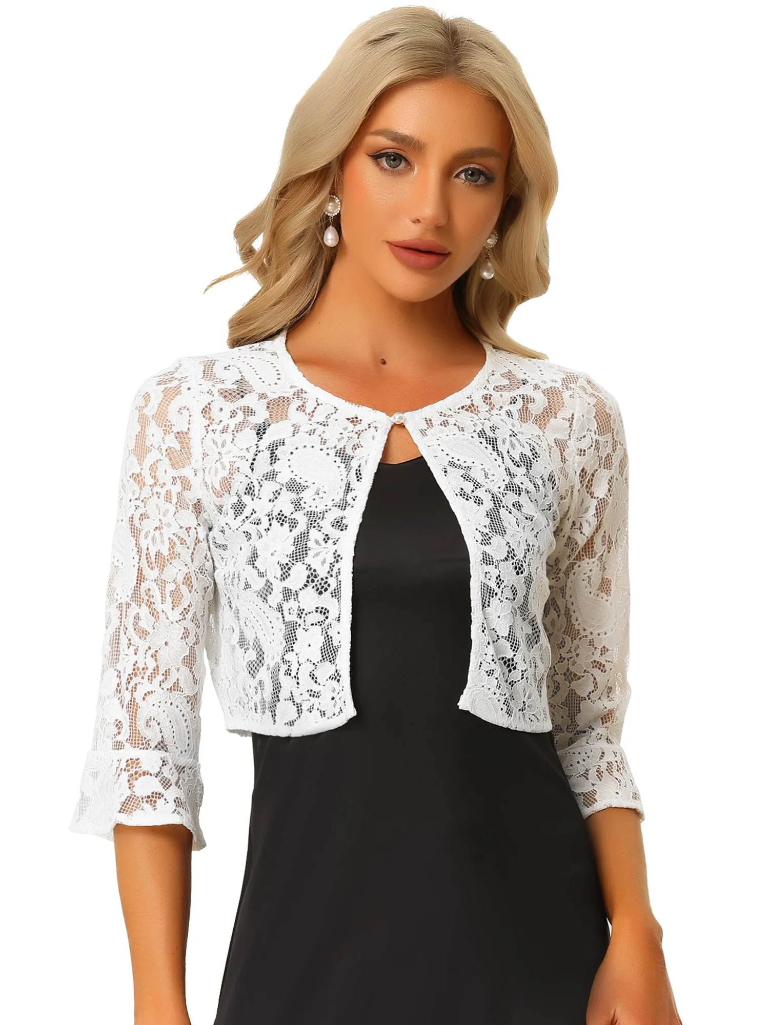 Crop Cardigan Bell Sleeve Sheer Floral Lace Bolero Shrug Top sold by Allegra K product image thumbnail 5