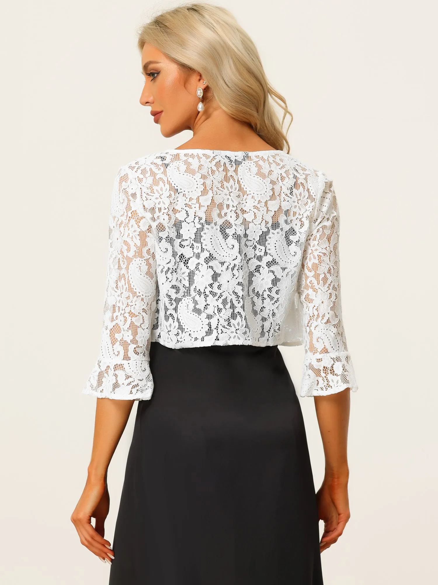 Crop Cardigan Bell Sleeve Sheer Floral Lace Bolero Shrug Top sold by Allegra K product image thumbnail 3