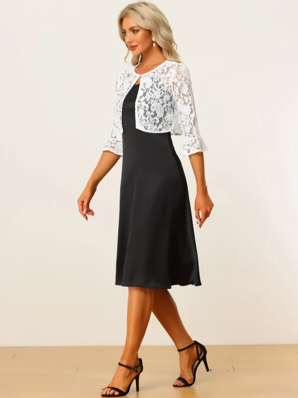 Crop Cardigan Bell Sleeve Sheer Floral Lace Bolero Shrug Top sold by Allegra K