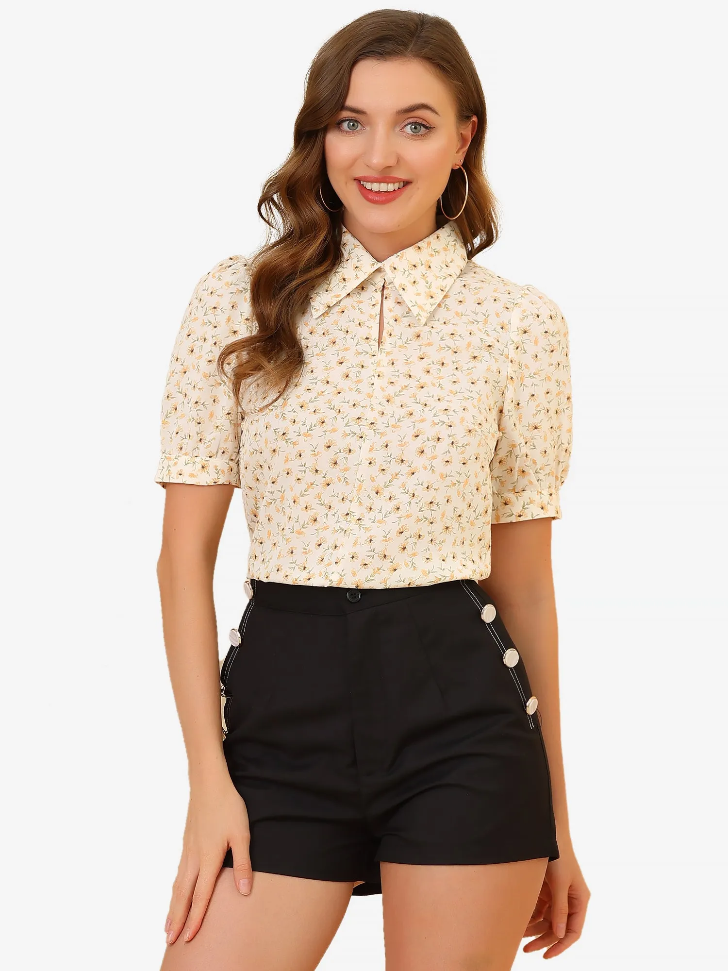 Elegant Turndown Collar Summer Puff Sleeve Vintage Floral Blouse sold by Allegra K