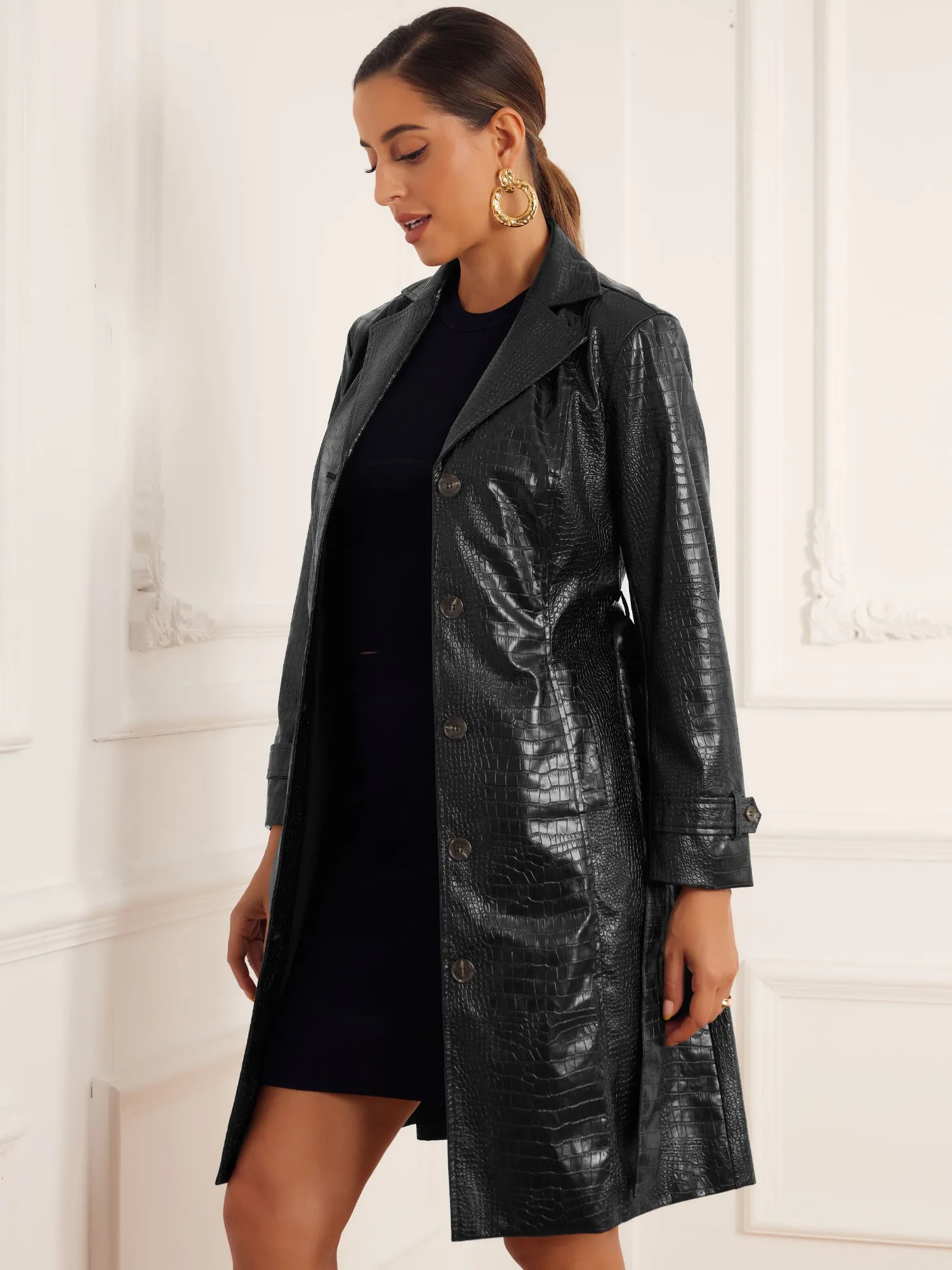 Faux Crocodile Leather Button Down Belted Winter Long Coat sold by Allegra K