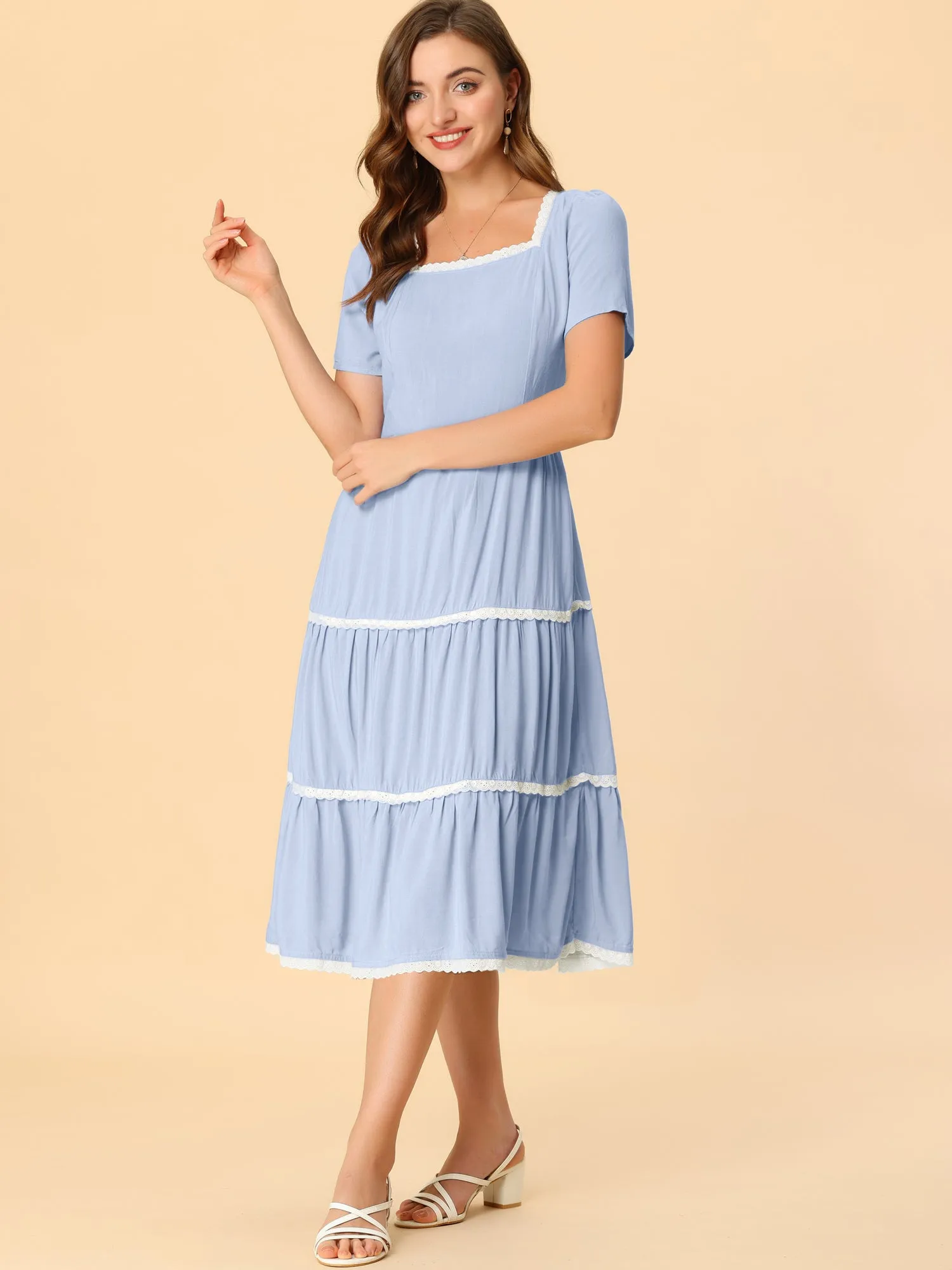 Elegant Midi Short Sleeve Tiered Square Neck Long Dress sold by Allegra K