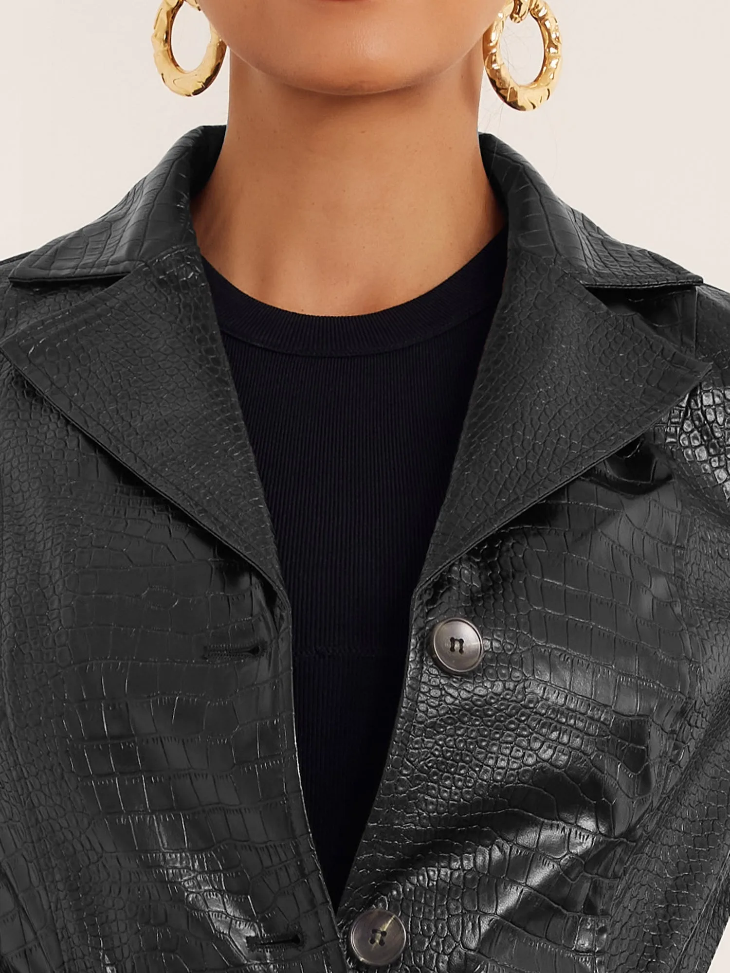 Faux Crocodile Leather Button Down Belted Winter Long Coat sold by Allegra K product image thumbnail 4