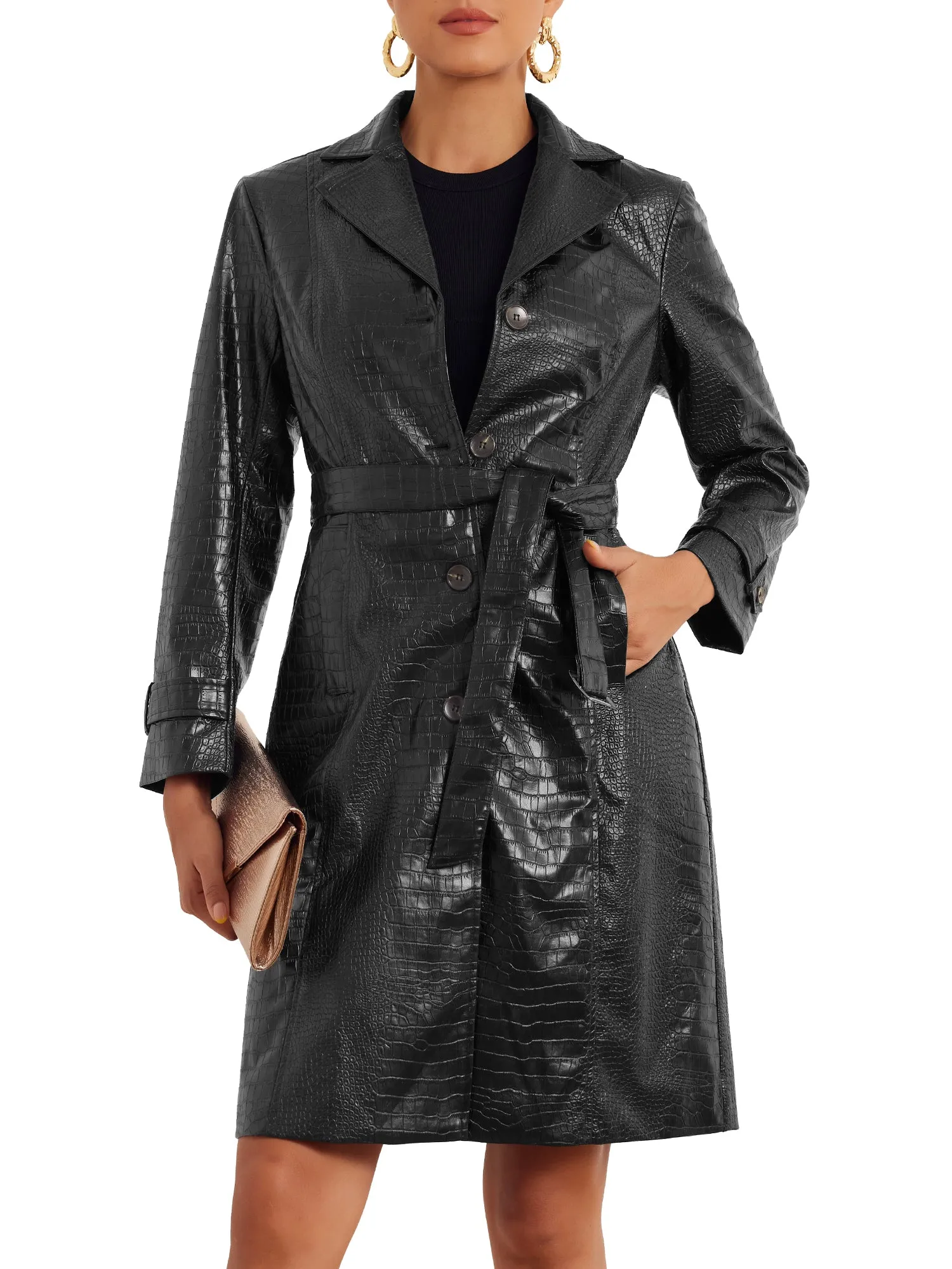 Faux Crocodile Leather Button Down Belted Winter Long Coat sold by Allegra K product image thumbnail 5