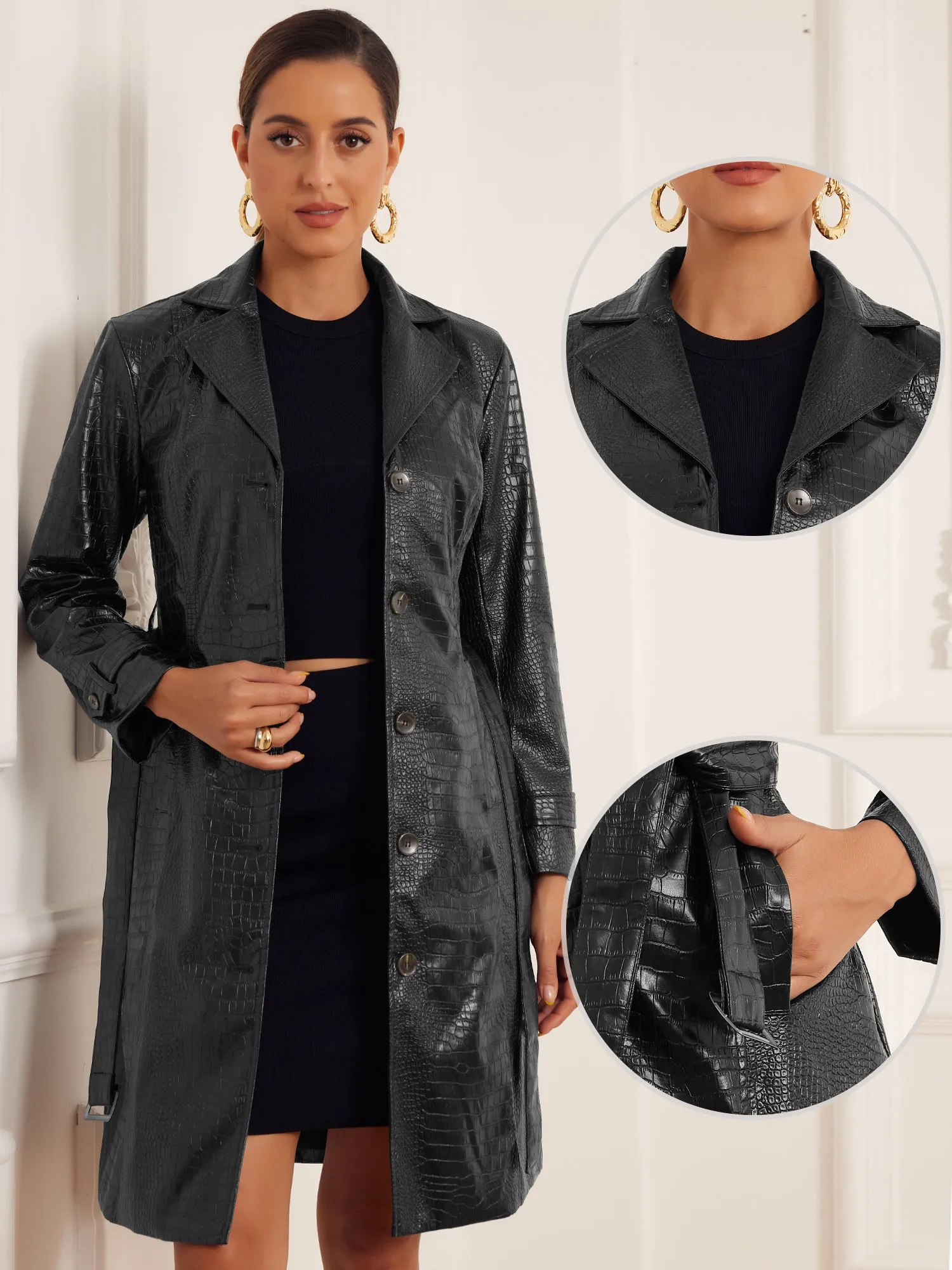 Faux Crocodile Leather Button Down Belted Winter Long Coat sold by Allegra K product image thumbnail 2