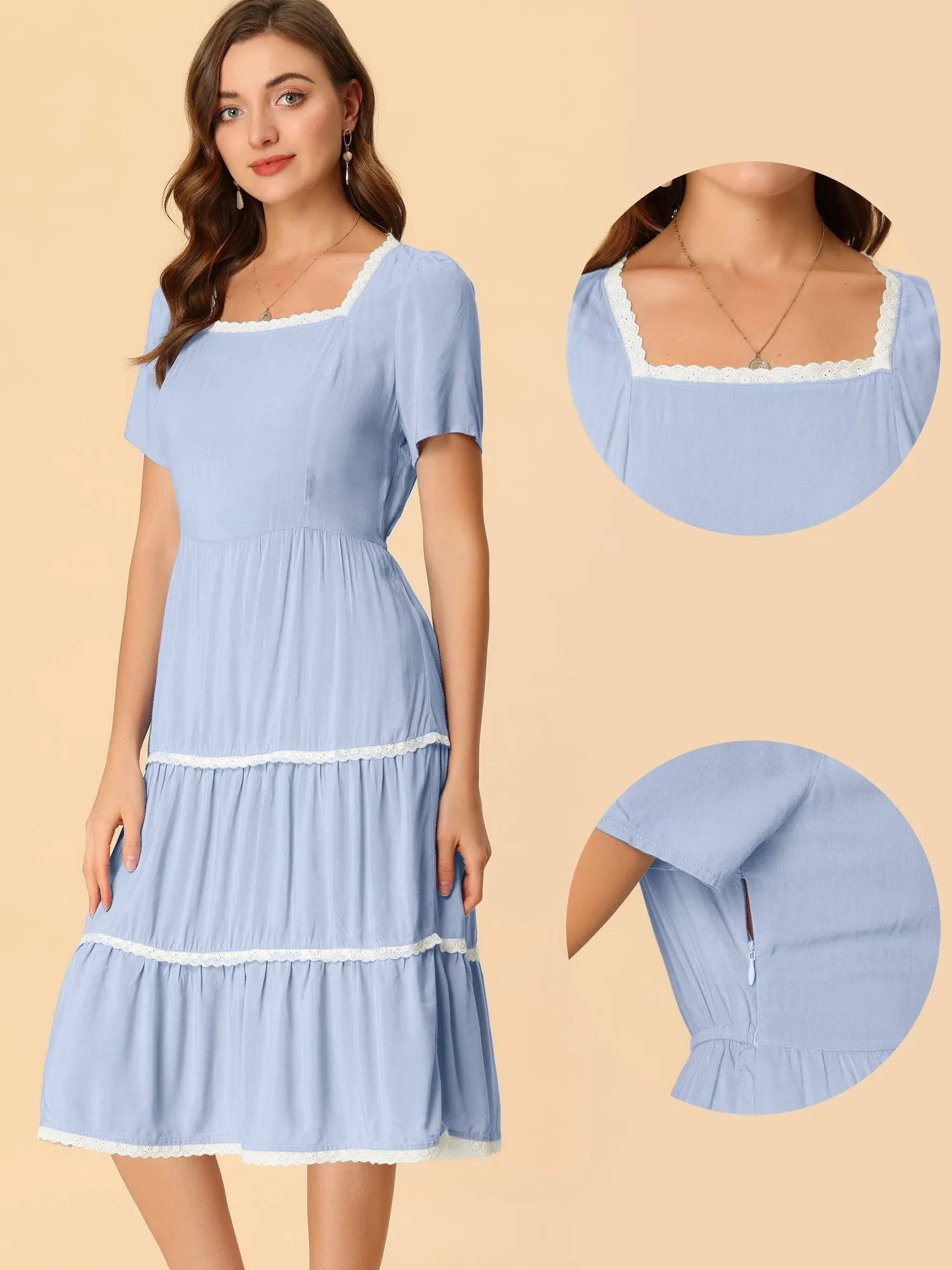 Elegant Midi Short Sleeve Tiered Square Neck Long Dress sold by Allegra K product image thumbnail 2