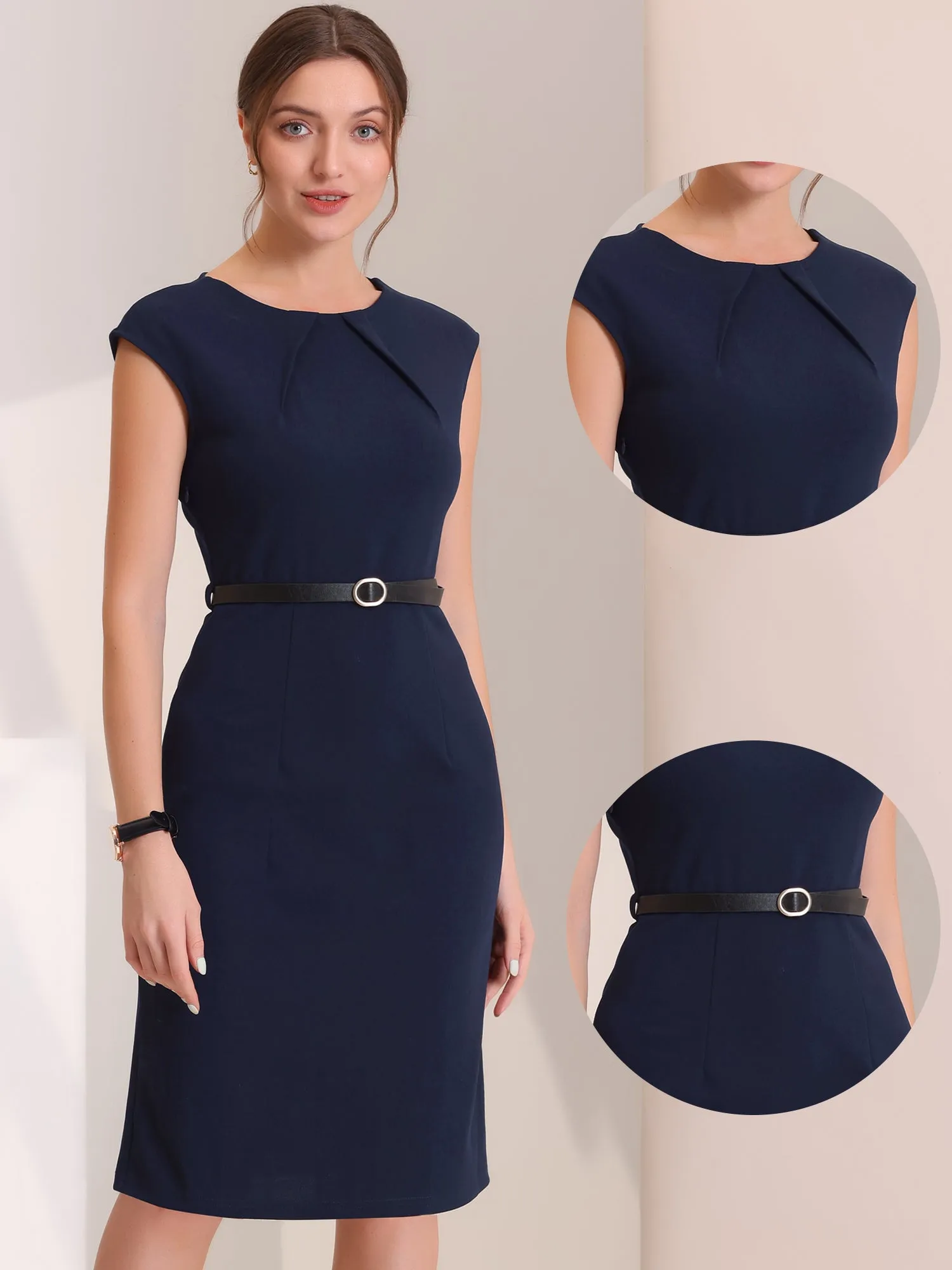 Elegant Business Cap Sleeve Belted Pencil Work Sheath Dress sold by Allegra K product image thumbnail 2