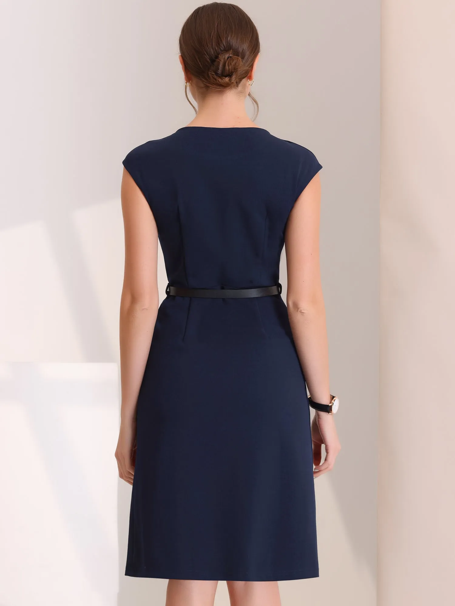 Elegant Business Cap Sleeve Belted Pencil Work Sheath Dress sold by Allegra K product image thumbnail 3