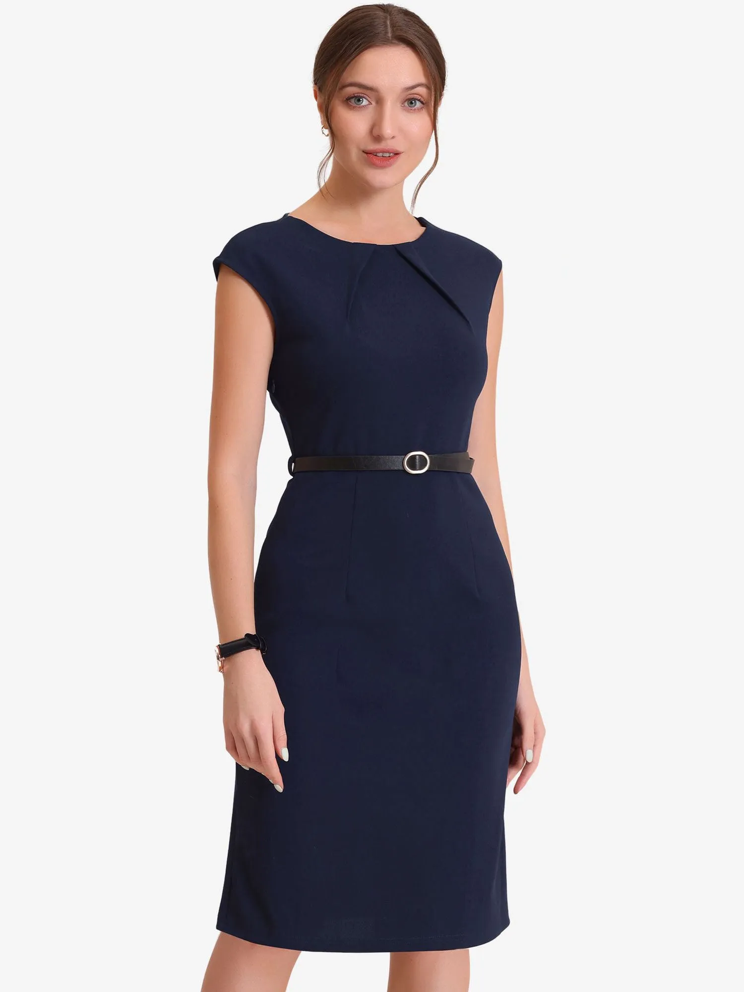 Elegant Business Cap Sleeve Belted Pencil Work Sheath Dress sold by Allegra K