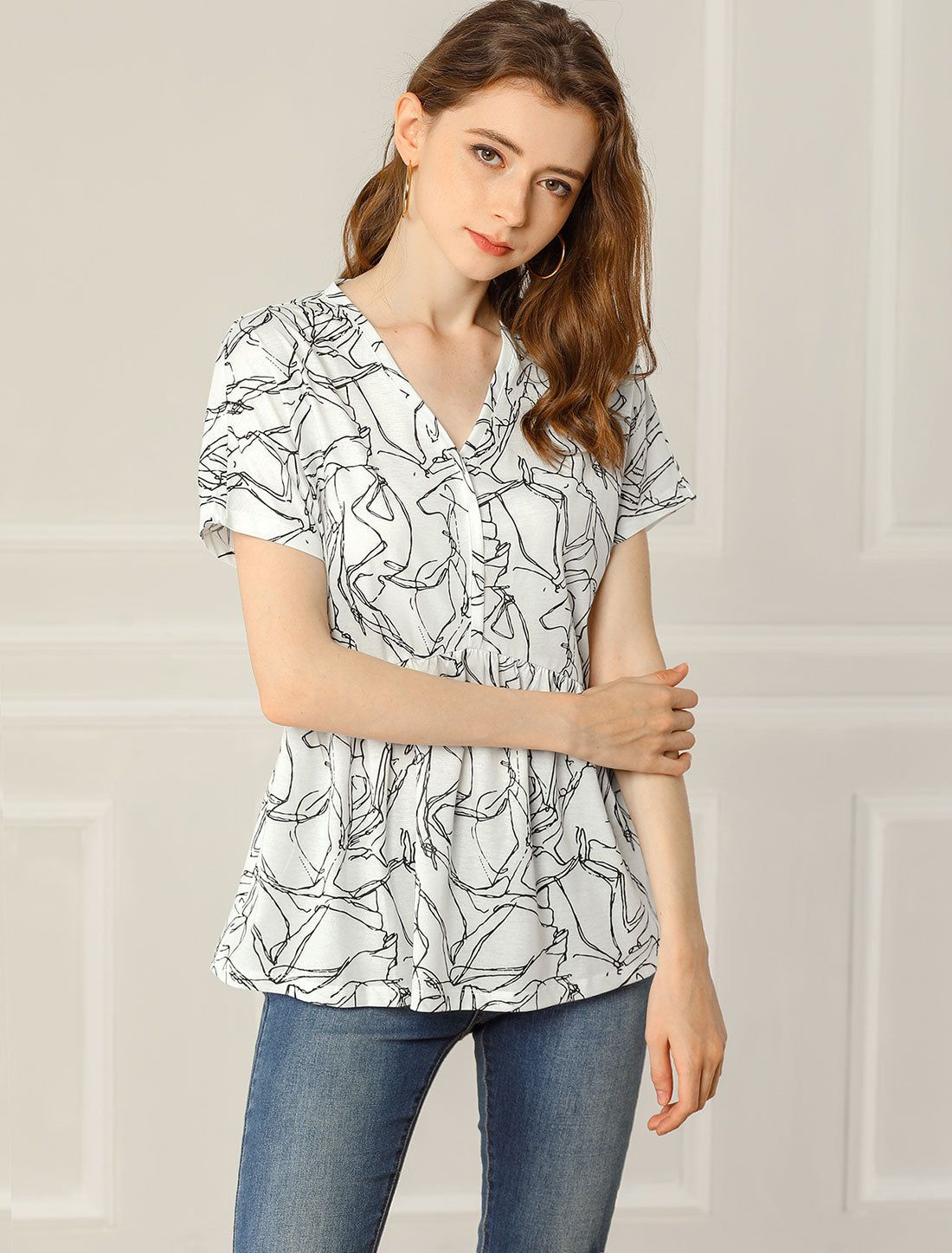 Printed V Neck Blouse Casual Loose Short Sleeve Peplum Top sold by Allegra K product image thumbnail 2