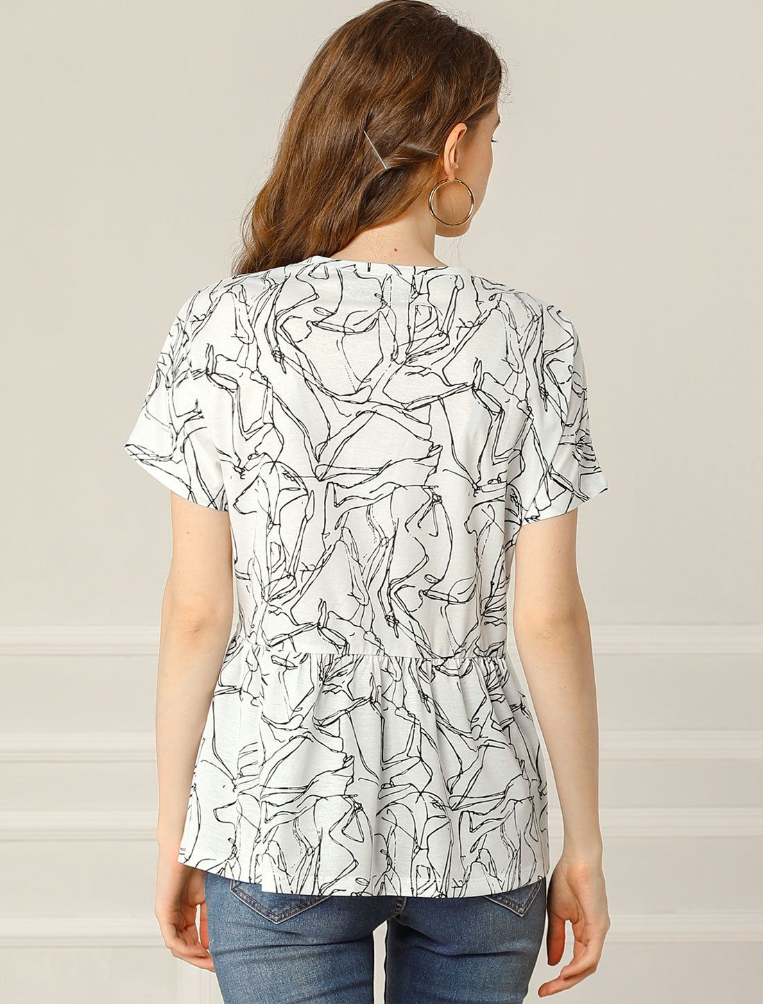 Printed V Neck Blouse Casual Loose Short Sleeve Peplum Top sold by Allegra K product image thumbnail 4