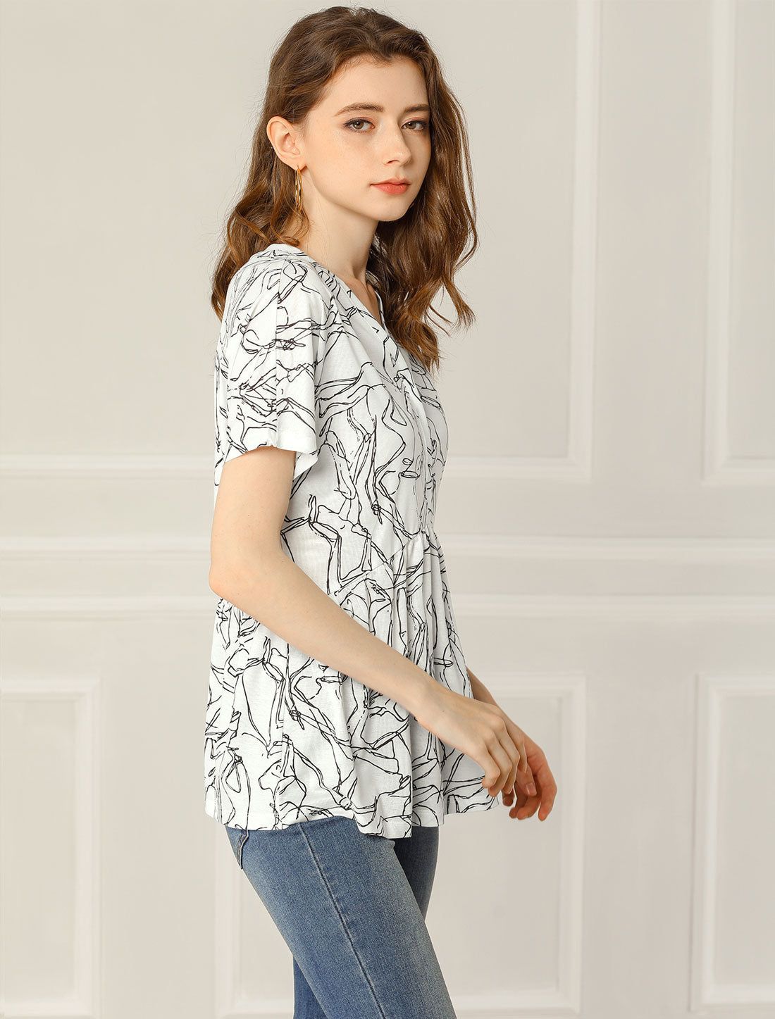 Printed V Neck Blouse Casual Loose Short Sleeve Peplum Top sold by Allegra K product image thumbnail 5