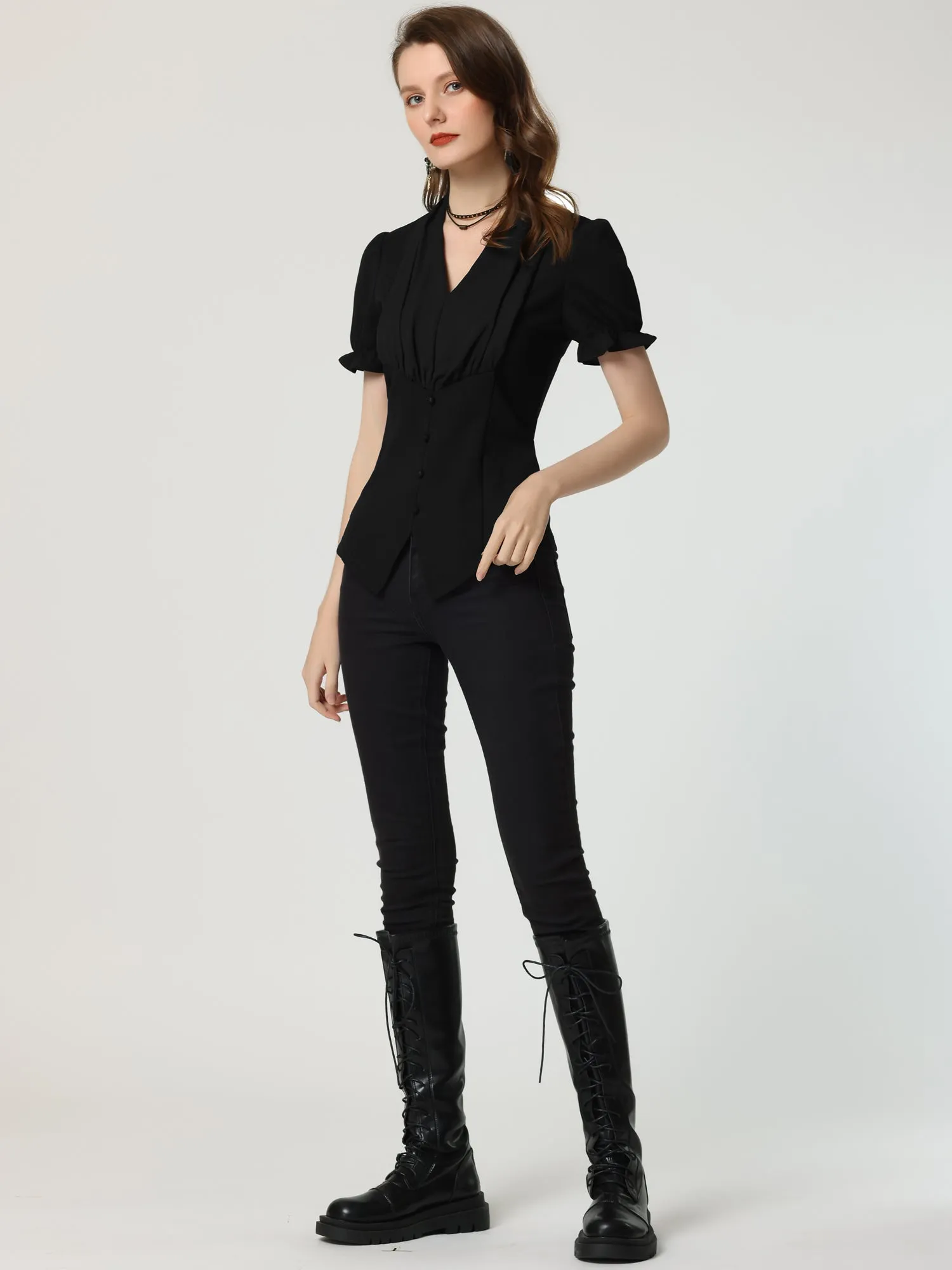 Vintage Short Sleeve Corset Top Victorian Ruffled Blouse sold by Allegra K product image thumbnail 4