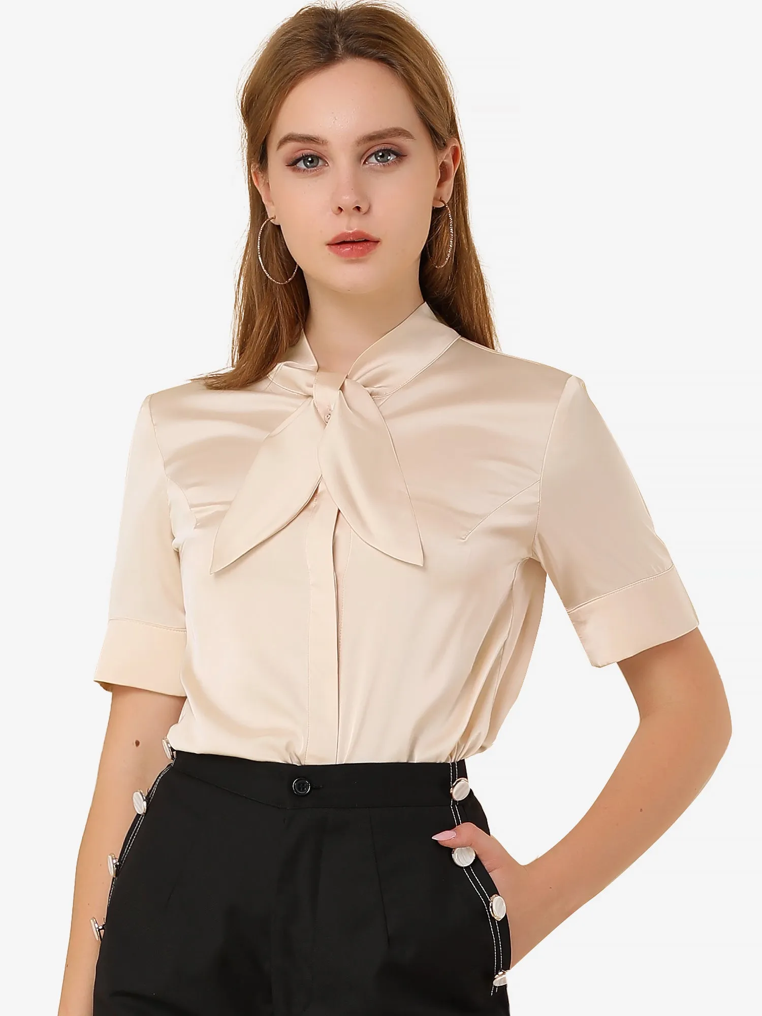 Work Tie Neck Short Sleeve Satin Elegant Button Down Shirt sold by Allegra K