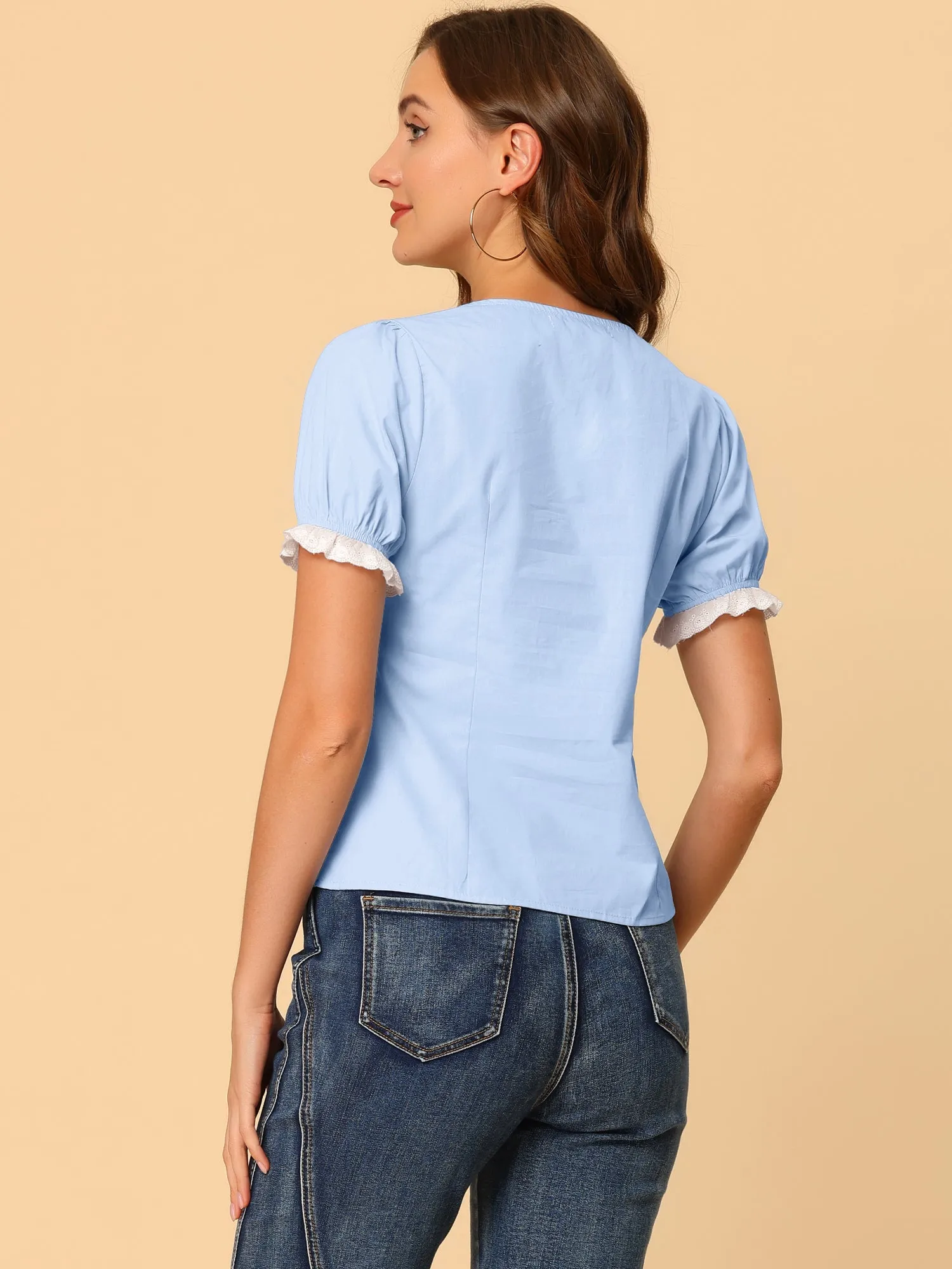 Puff Sleeve Crew Neck Cute Lace Trim Summer Vintage Cotton Top sold by Allegra K product image thumbnail 5