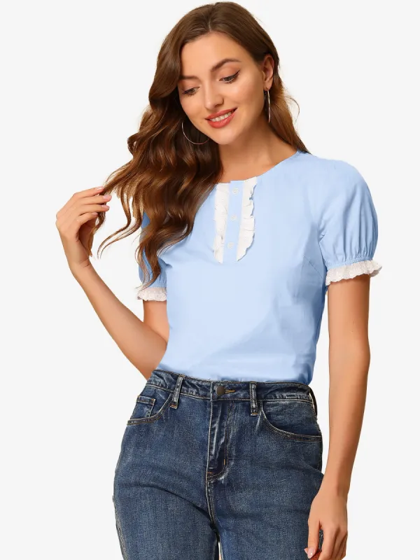Puff Sleeve Crew Neck Cute Lace Trim Summer Vintage Cotton Top sold by Allegra K