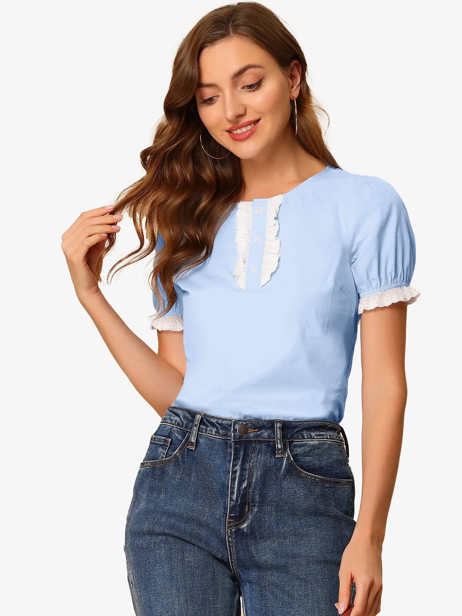 Puff Sleeve Crew Neck Cute Lace Trim Summer Vintage Cotton Top sold by Allegra K