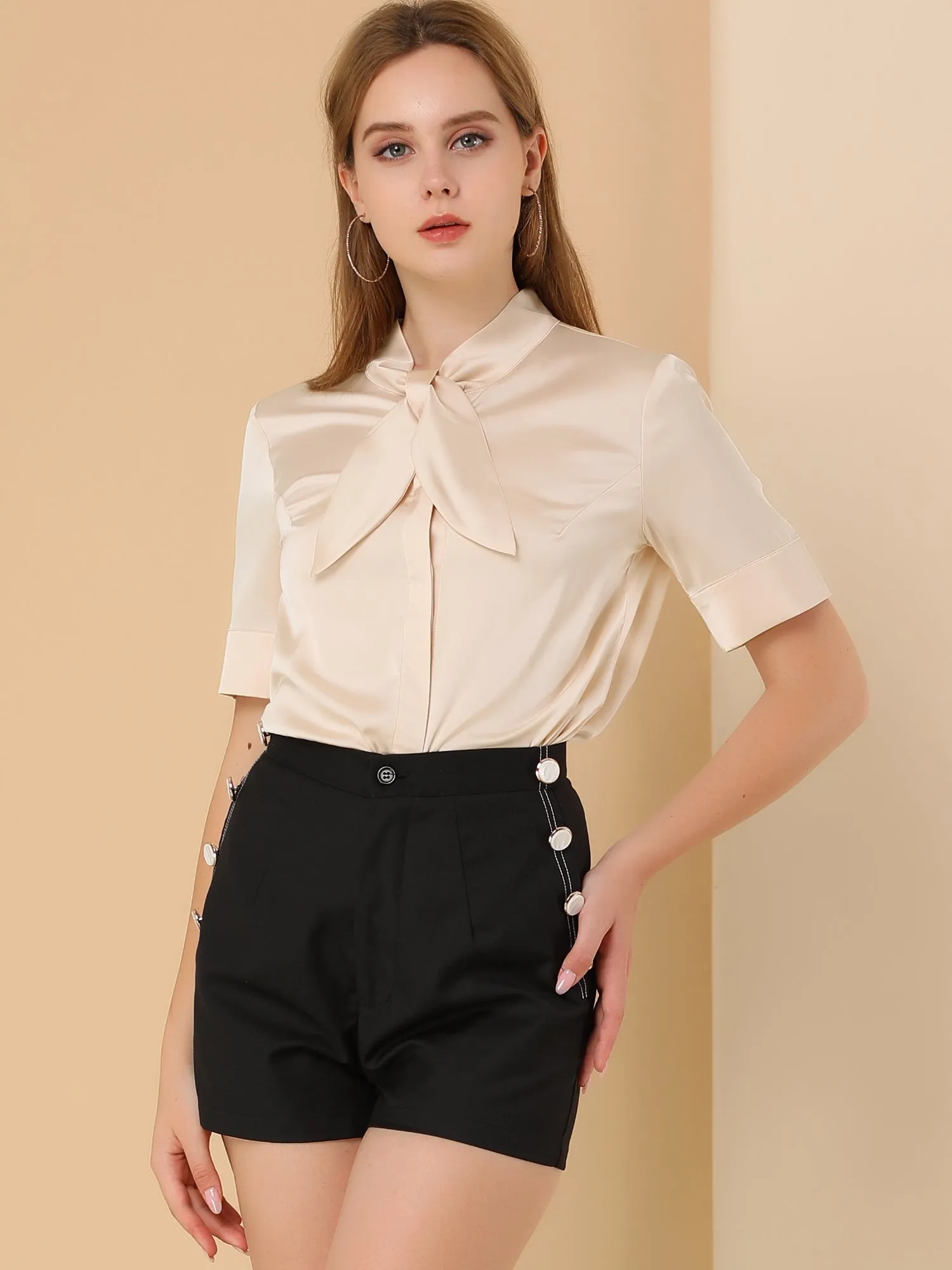 Work Tie Neck Short Sleeve Satin Elegant Button Down Shirt sold by Allegra K product image thumbnail 2
