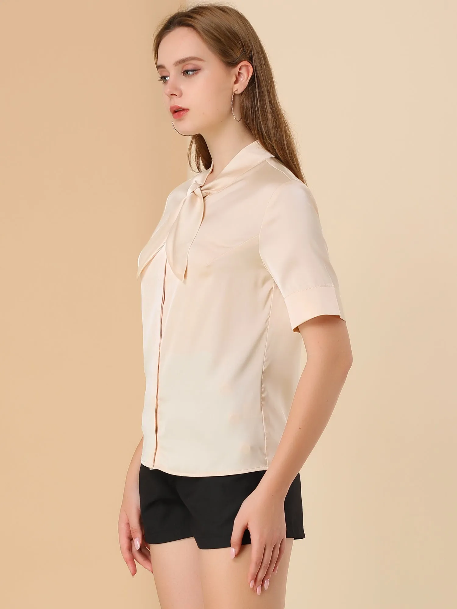Work Tie Neck Short Sleeve Satin Elegant Button Down Shirt sold by Allegra K product image thumbnail 4