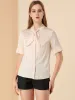 Work Tie Neck Short Sleeve Satin Elegant Button Down Shirt sold by Allegra K