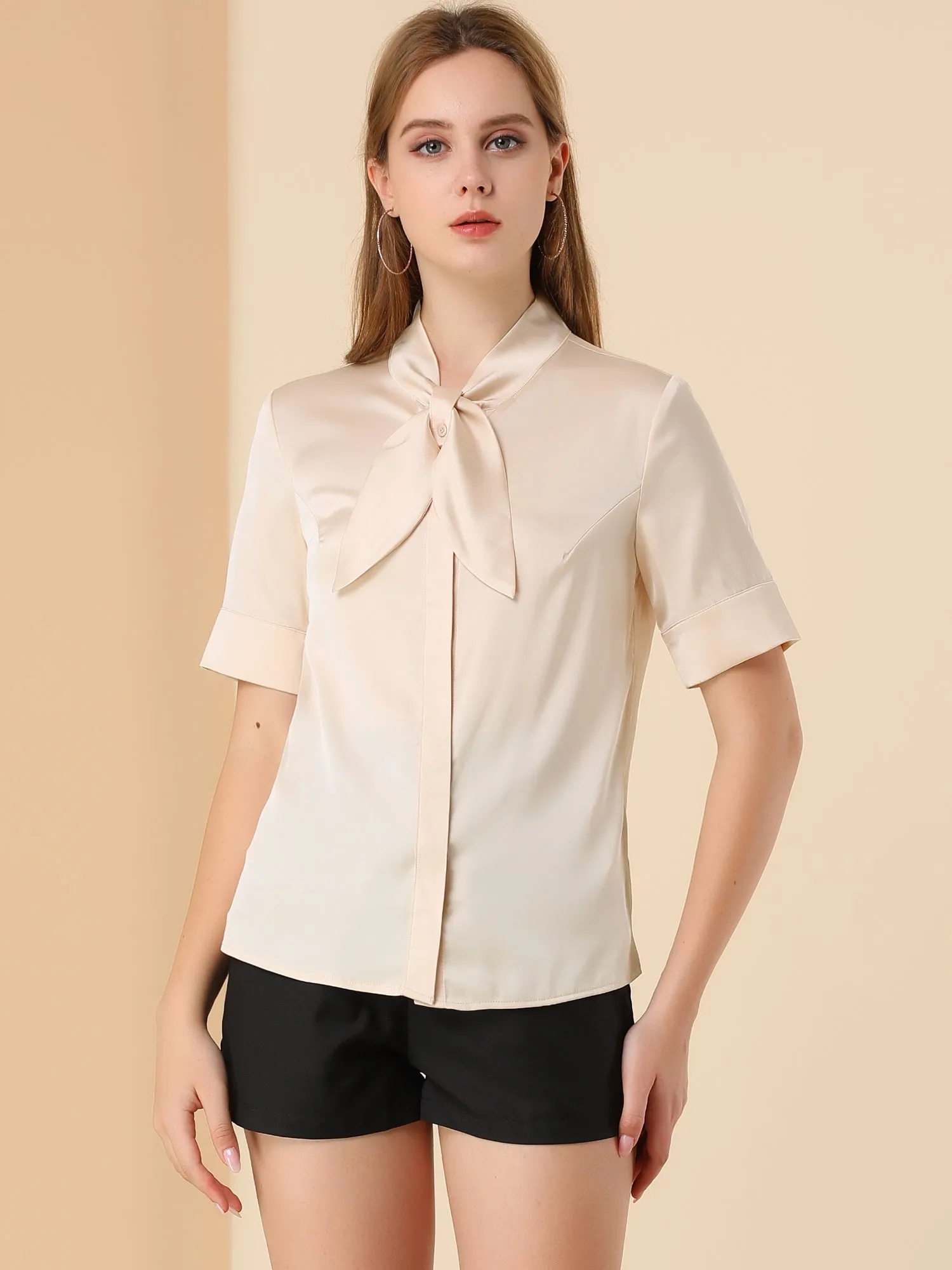 Work Tie Neck Short Sleeve Satin Elegant Button Down Shirt sold by Allegra K product image thumbnail 3