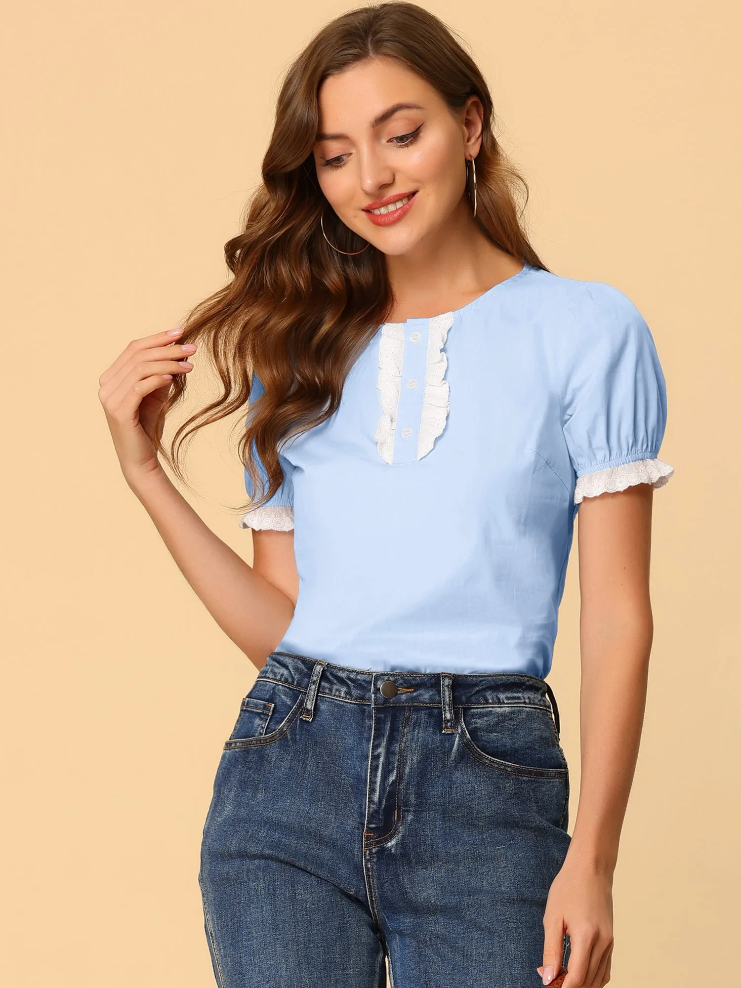 Puff Sleeve Crew Neck Cute Lace Trim Summer Vintage Cotton Top sold by Allegra K product image thumbnail 2