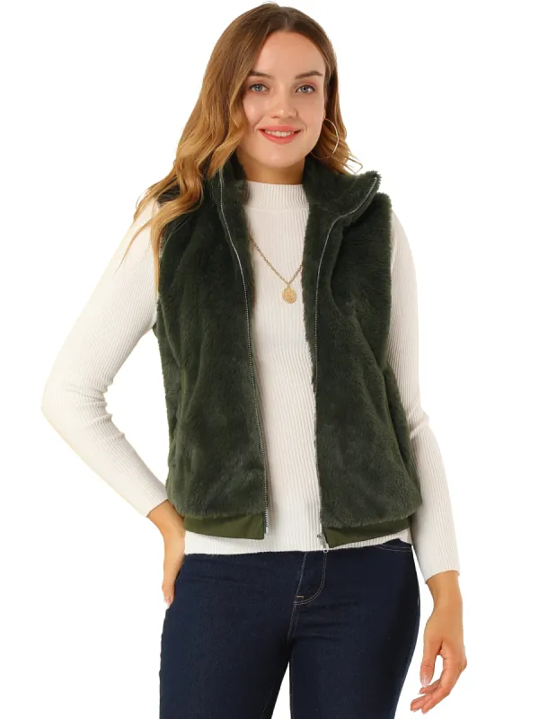 Stand Collar Zip Warm Sleeveless Gilet Faux Fur Jackets Vest sold by Allegra K