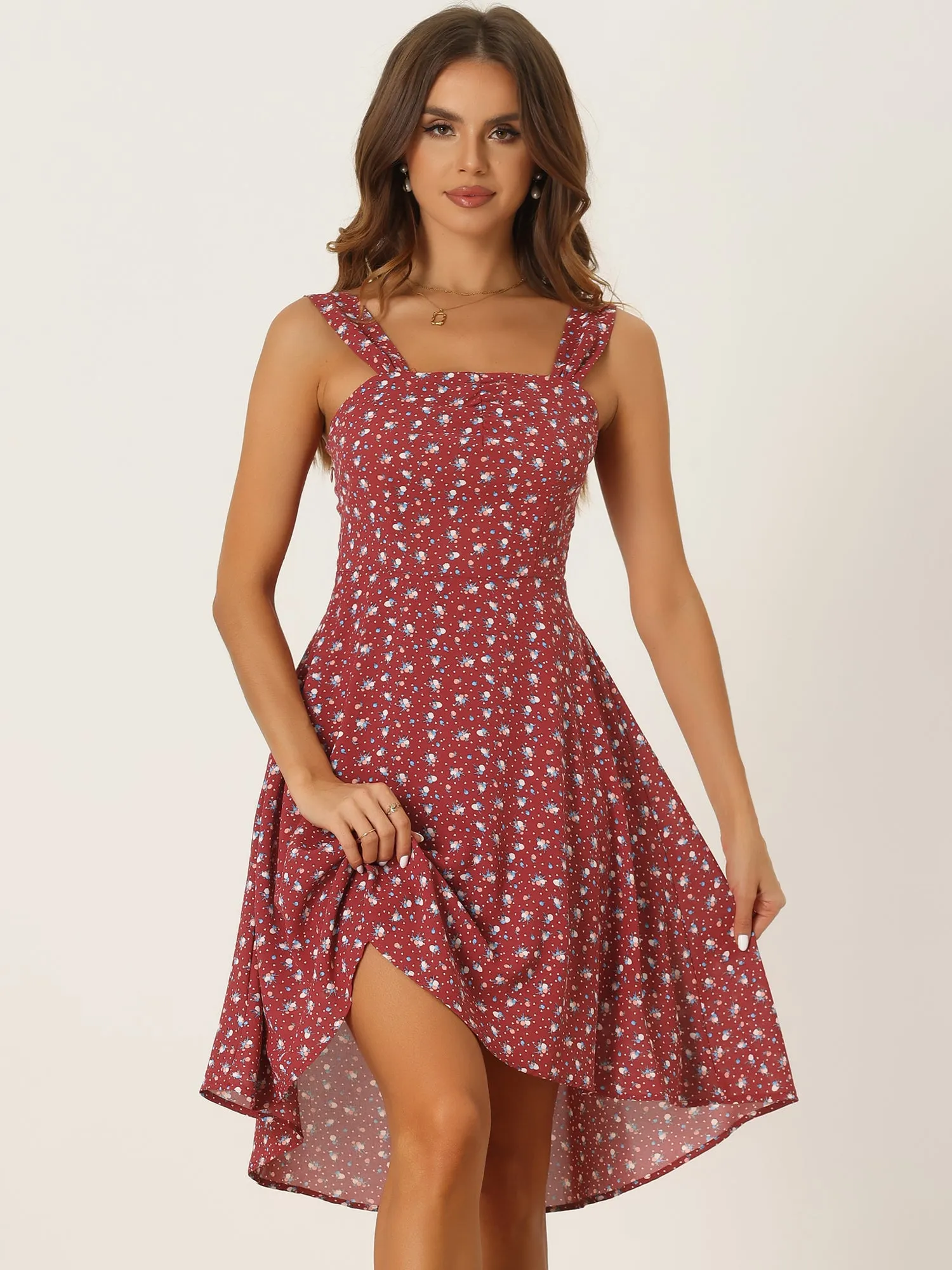 Smocked Floral Sleeveless High Low Hem Midi Flare Dress Sundress sold by Allegra K