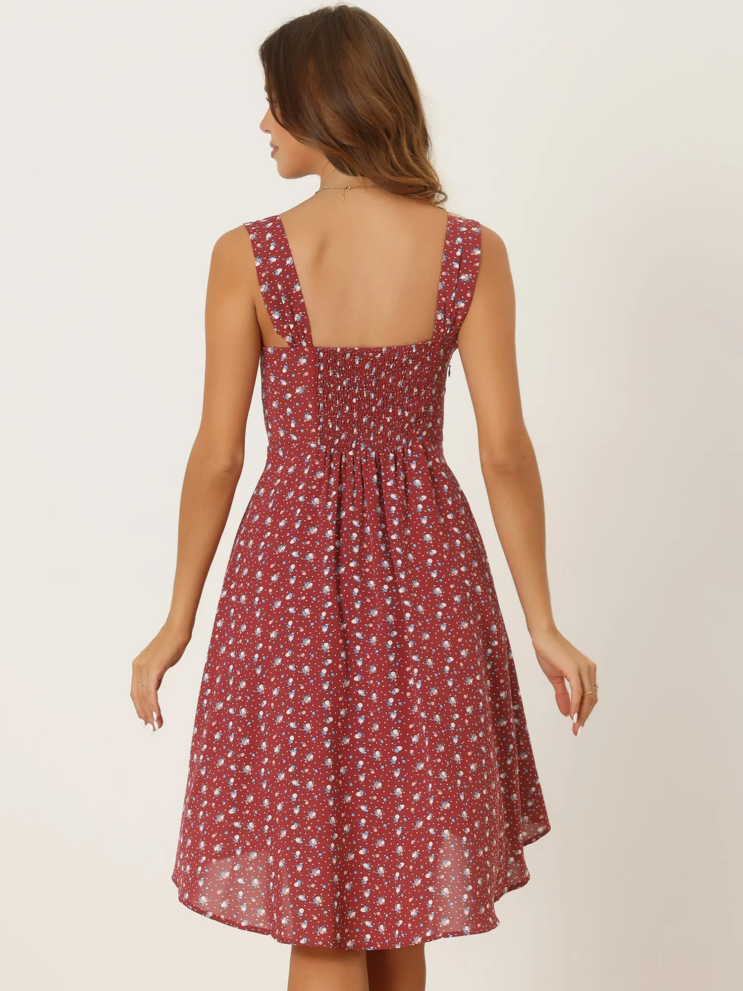 Smocked Floral Sleeveless High Low Hem Midi Flare Dress Sundress sold by Allegra K product image thumbnail 3