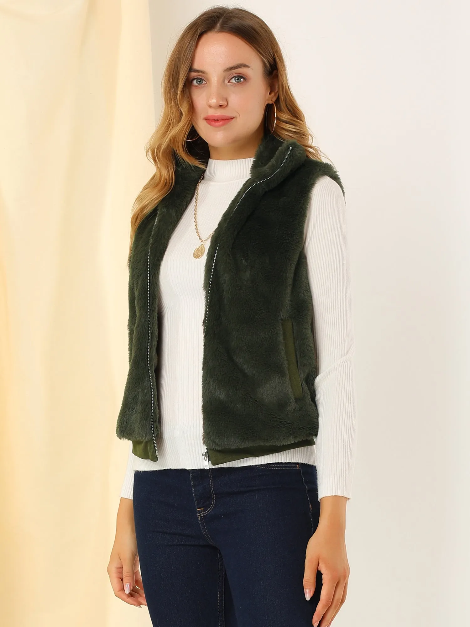 Stand Collar Zip Warm Sleeveless Gilet Faux Fur Jackets Vest sold by Allegra K product image thumbnail 3