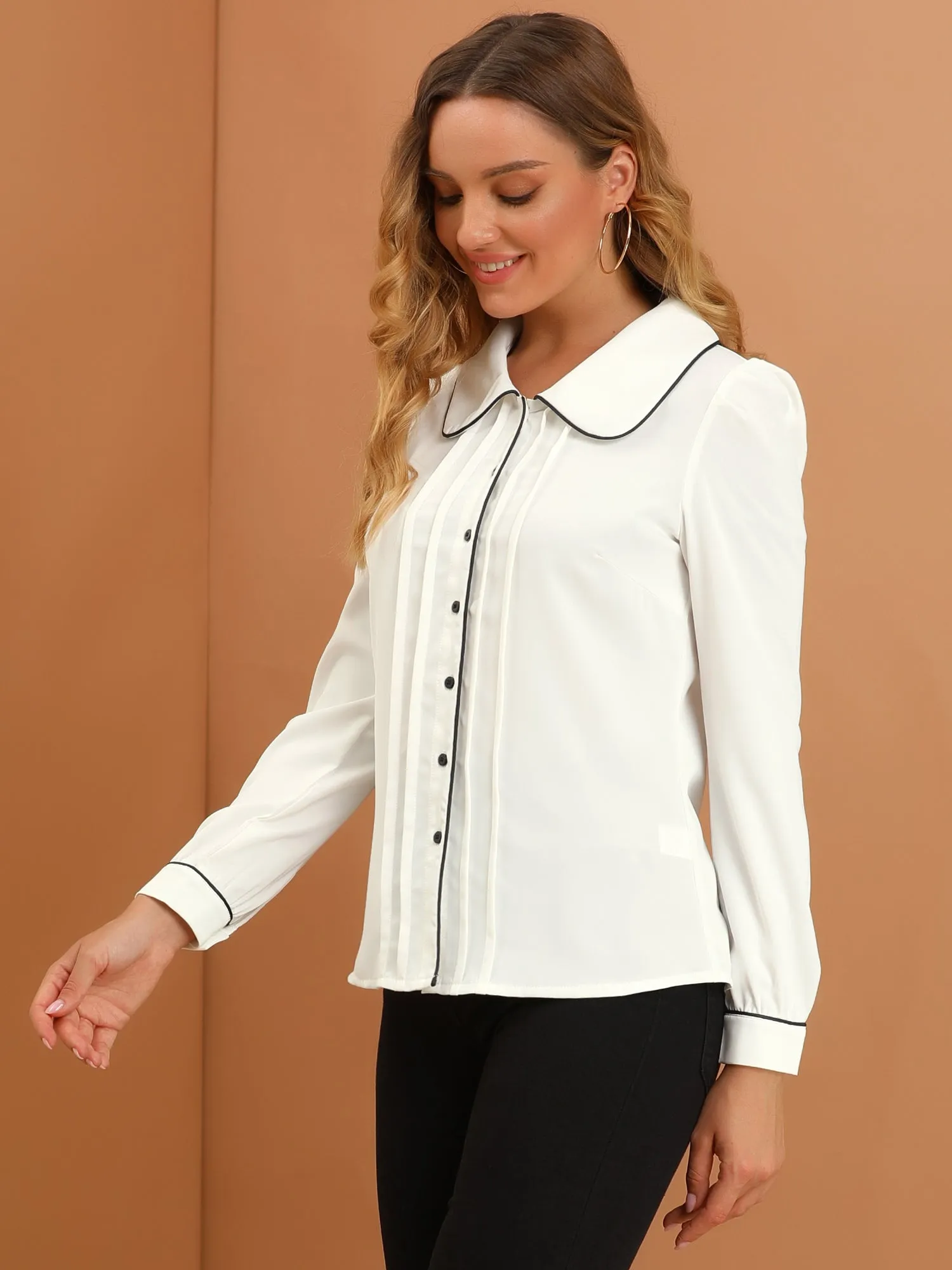 Peter Pan Collar Long Sleeve Elegant Button Down Work Shirt sold by Allegra K product image thumbnail 3