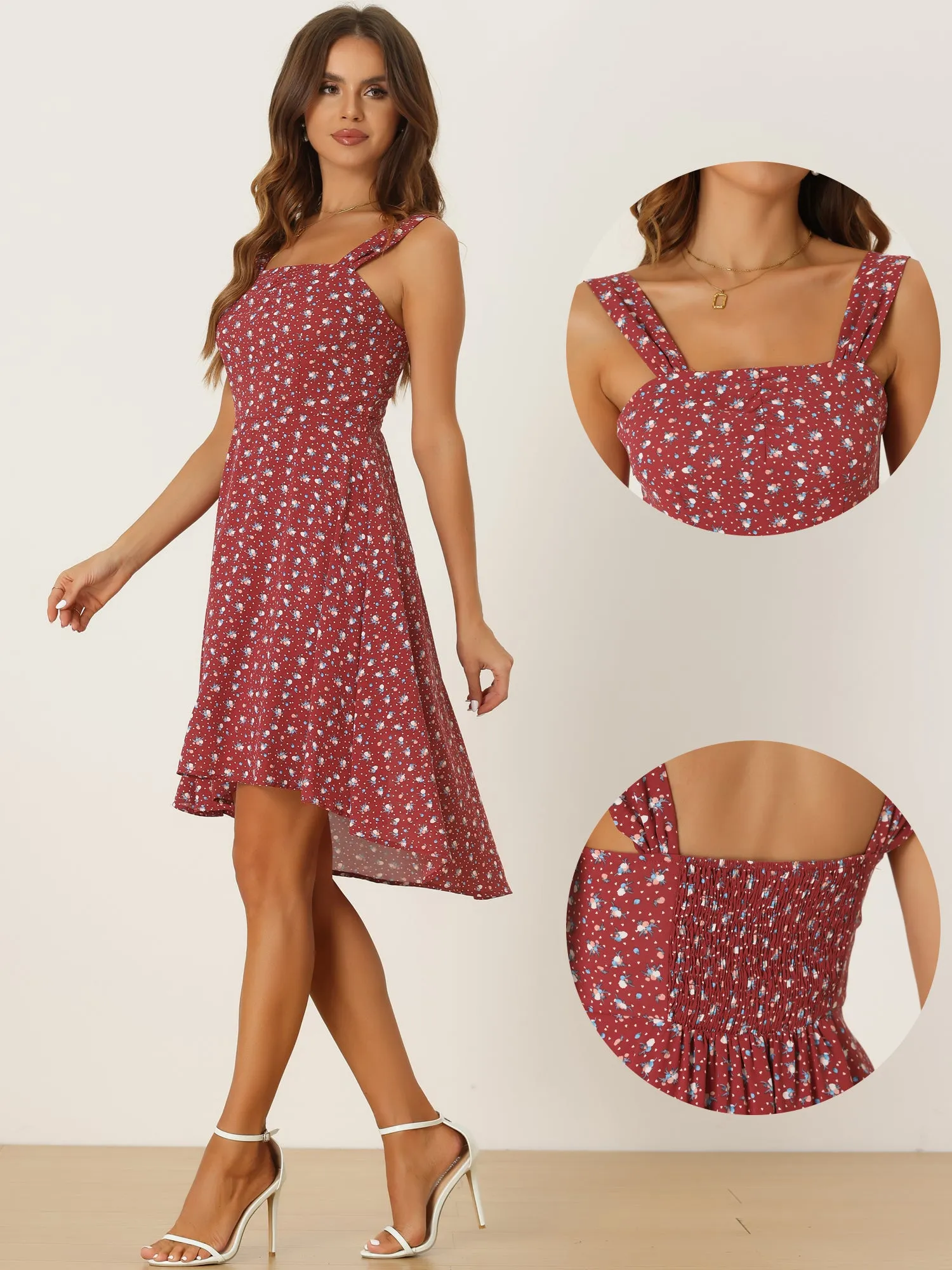 Smocked Floral Sleeveless High Low Hem Midi Flare Dress Sundress sold by Allegra K product image thumbnail 2