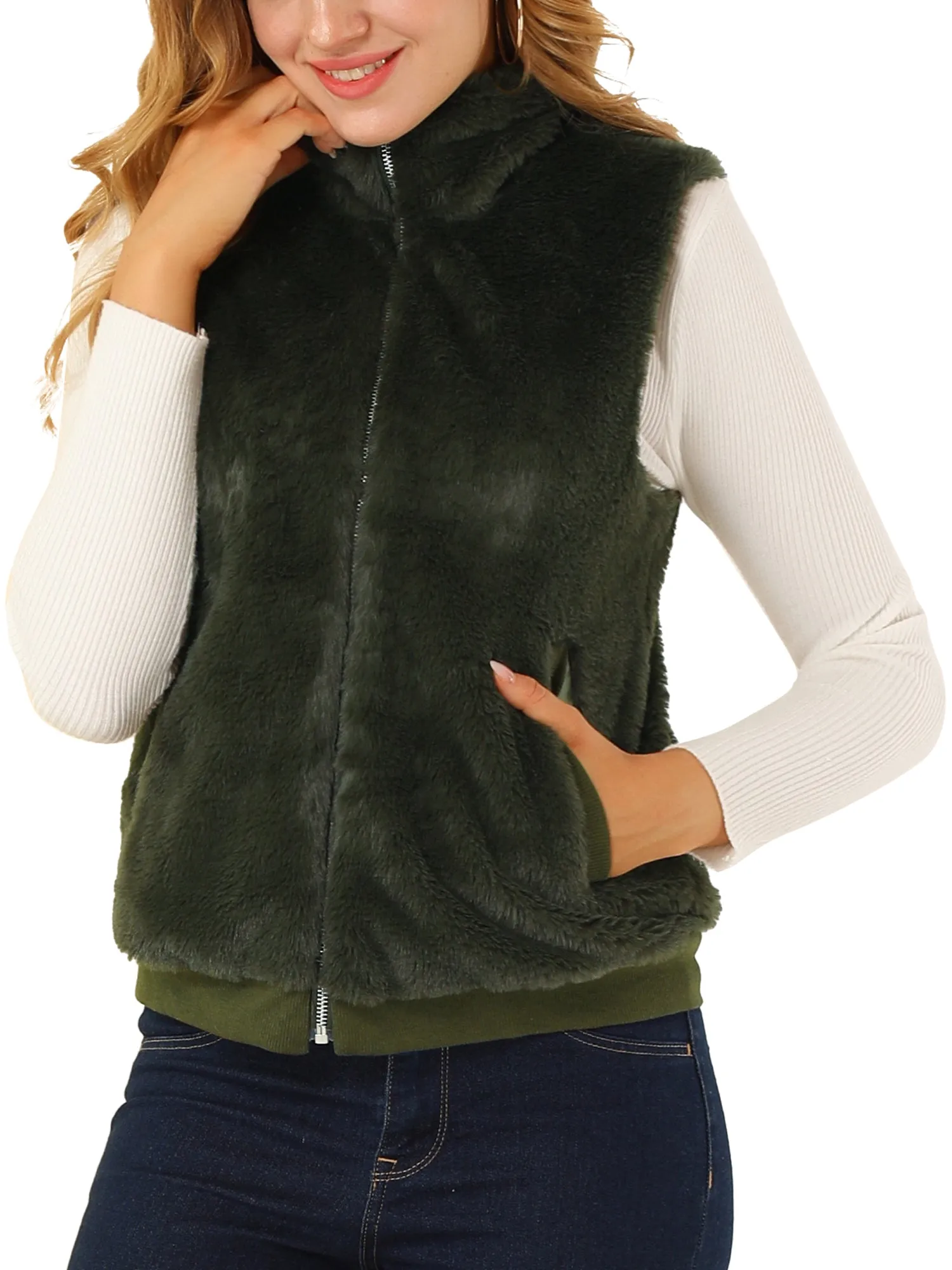 Stand Collar Zip Warm Sleeveless Gilet Faux Fur Jackets Vest sold by Allegra K product image thumbnail 2