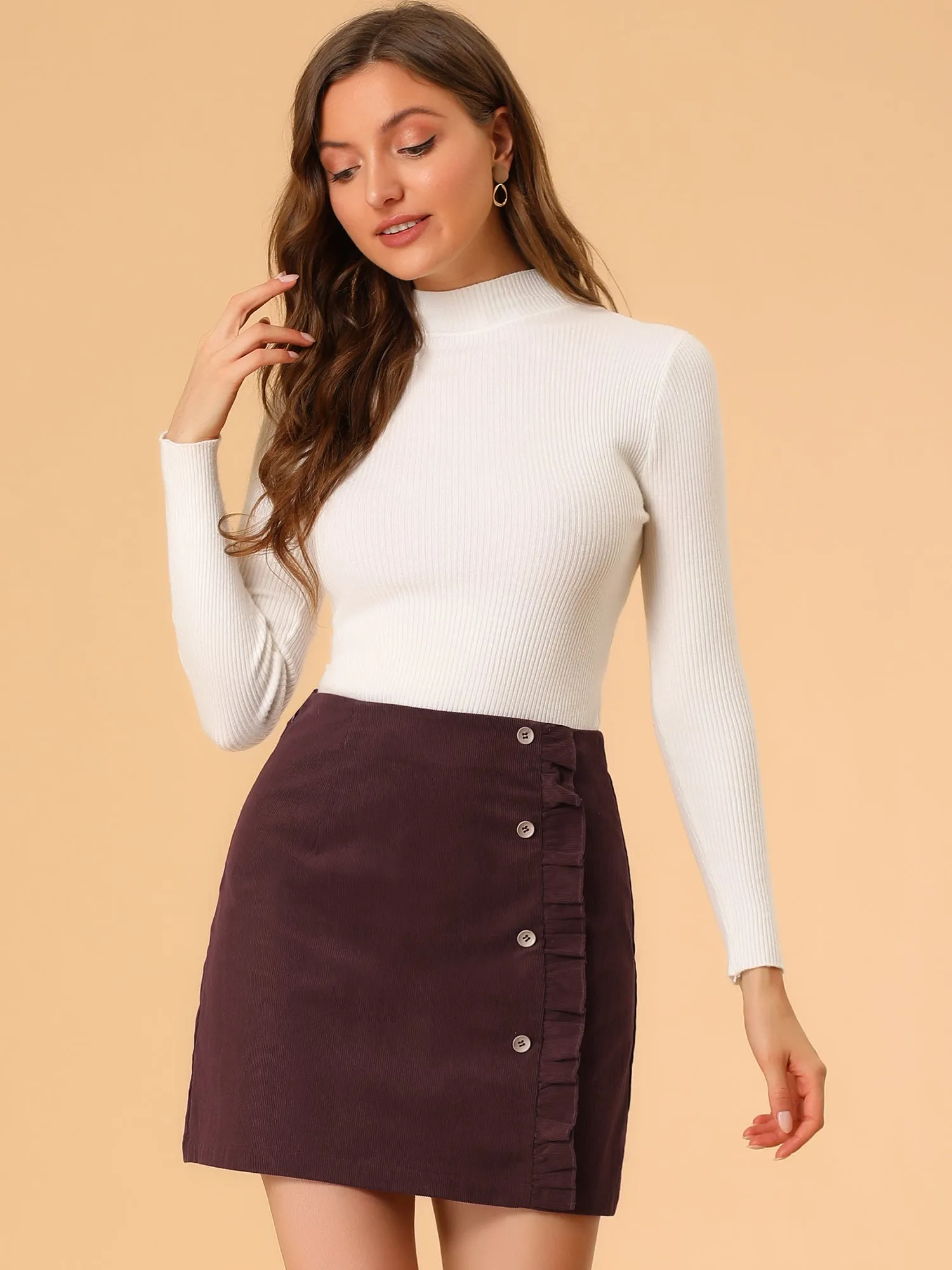 Corduroy Vintage Button Decor Ruffled Trim High Waist Short Skirt sold by Allegra K product image thumbnail 3