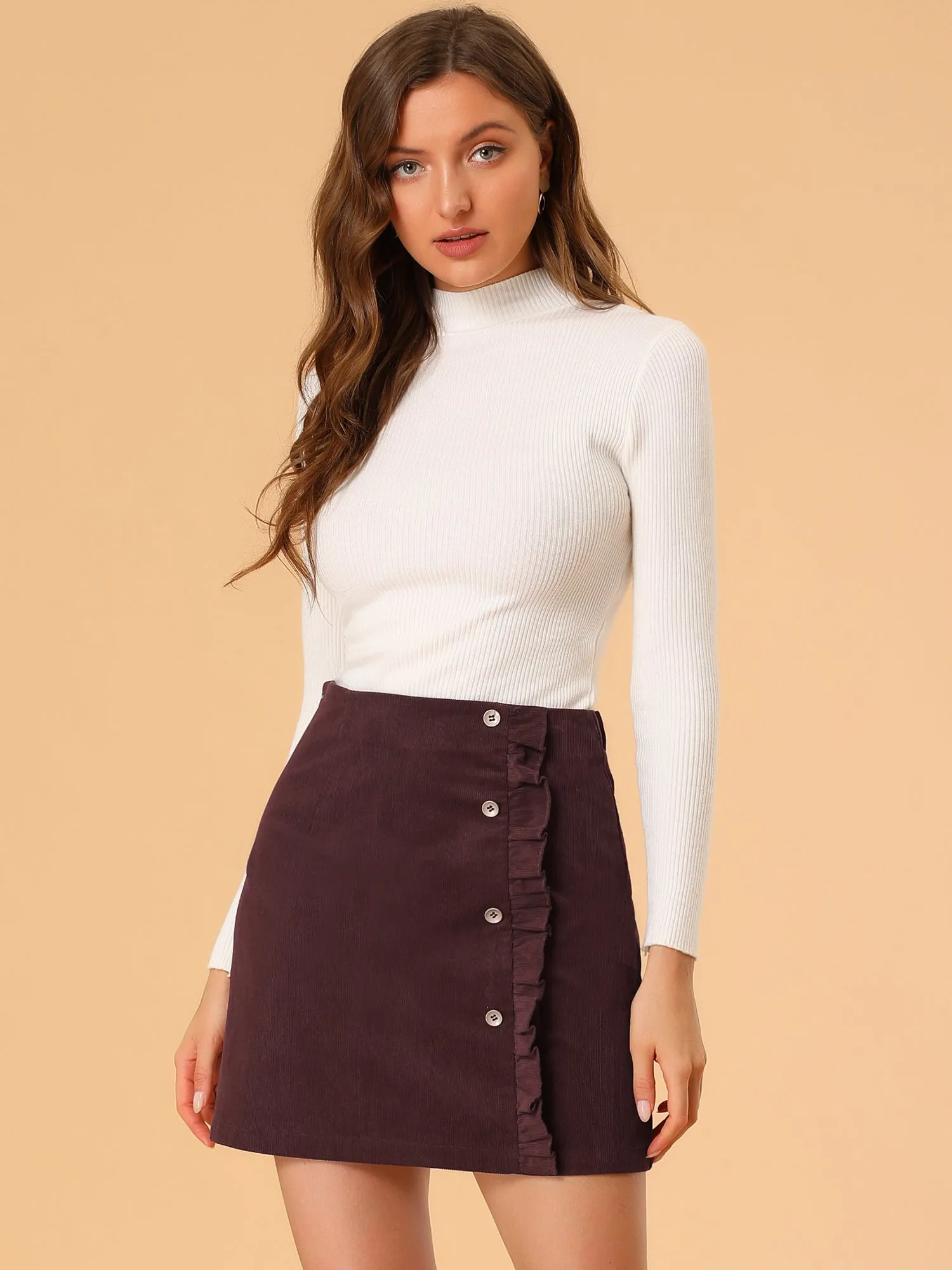 Corduroy Vintage Button Decor Ruffled Trim High Waist Short Skirt sold by Allegra K product image thumbnail 2