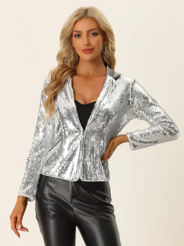 Lapel Collar Sequin Shiny Metallic Cropped Jacket Blazer sold by Allegra K