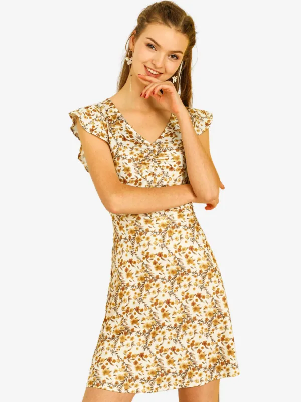 Summer V Neck Ruffle Cap Sleeve Floral Knit Cute Dress sold by Allegra K