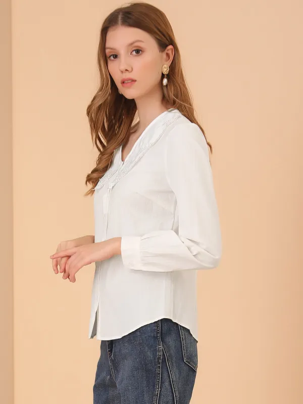 Lace Embroidery Peter Pan Collar Lantern Sleeve Button Blouse sold by Allegra K