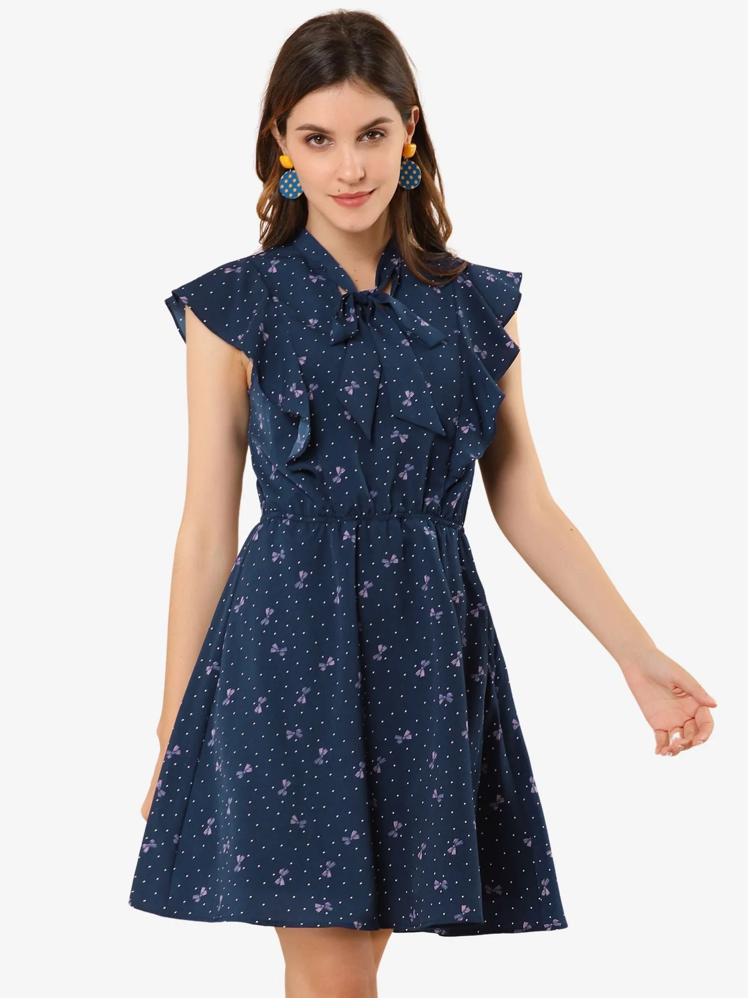 Summer Ruffle Sleeve Polka Dot Tie Neck A-Line Dress sold by Allegra K