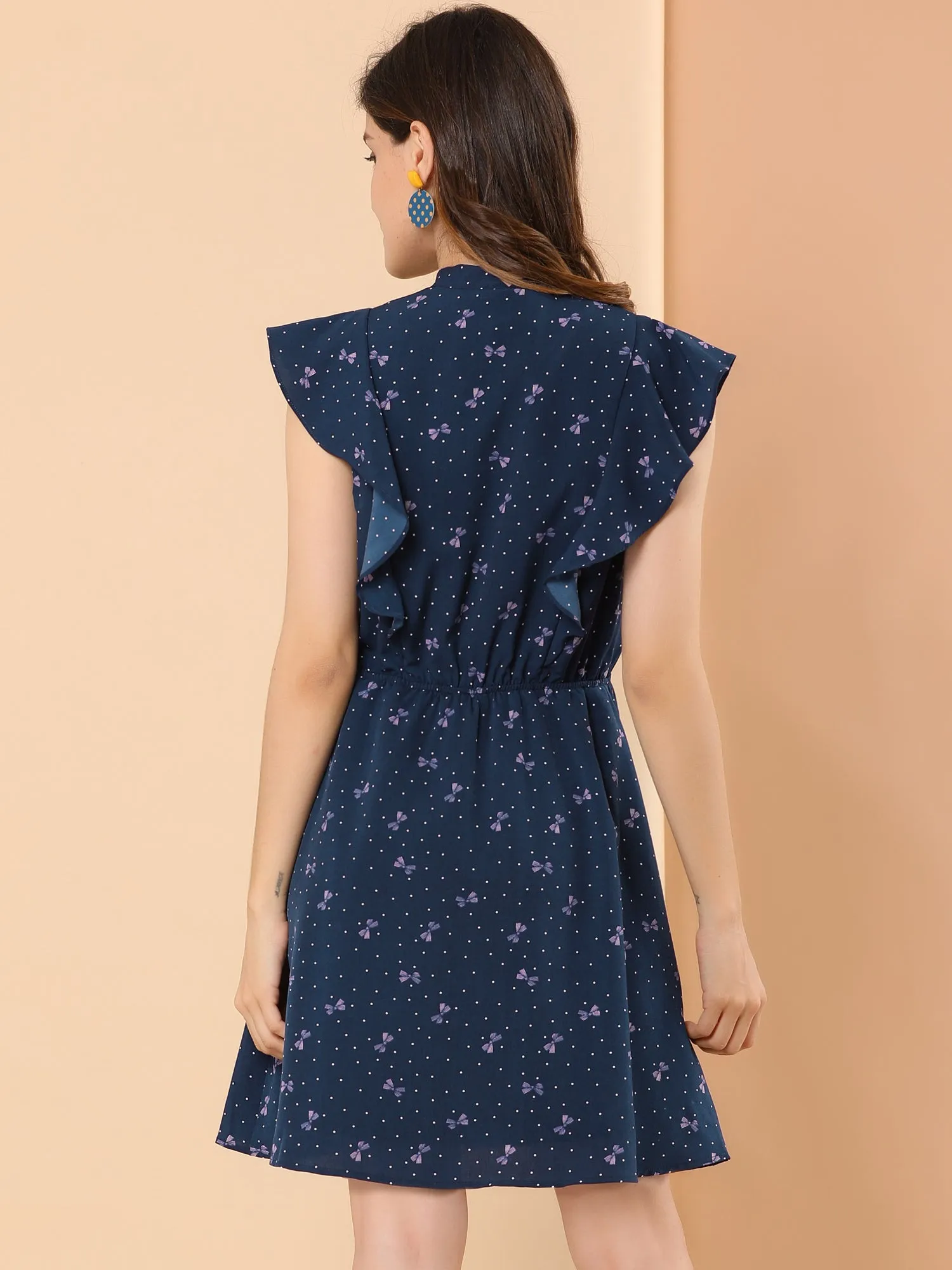 Summer Ruffle Sleeve Polka Dot Tie Neck A-Line Dress sold by Allegra K product image thumbnail 4