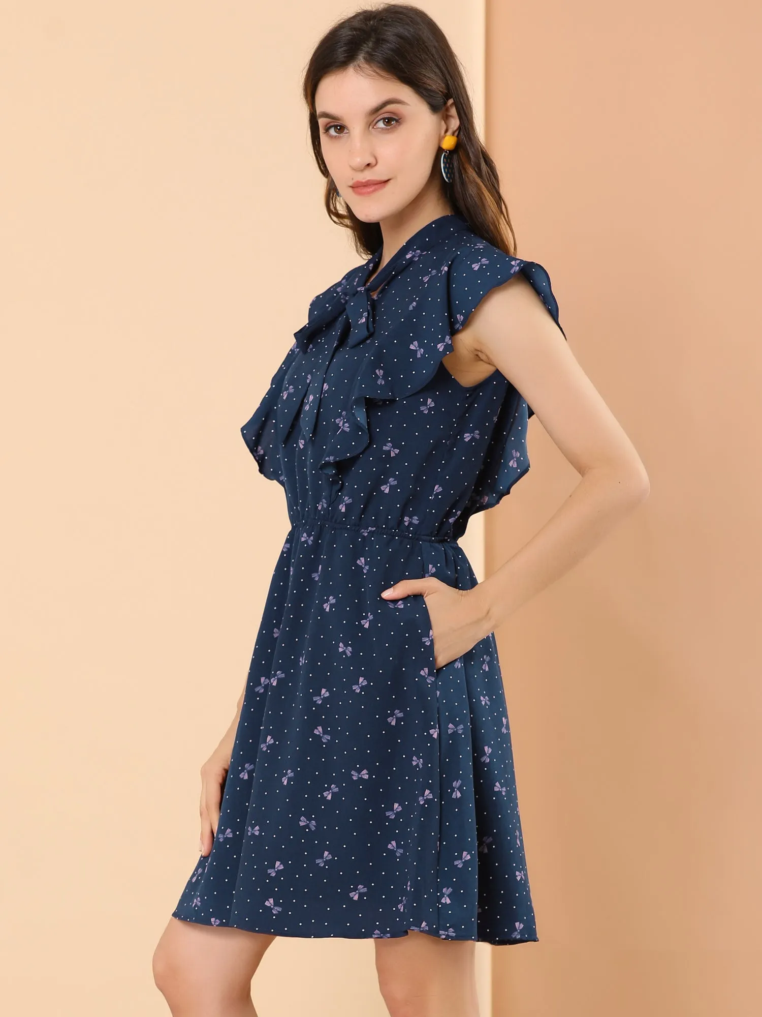 Summer Ruffle Sleeve Polka Dot Tie Neck A-Line Dress sold by Allegra K product image thumbnail 3